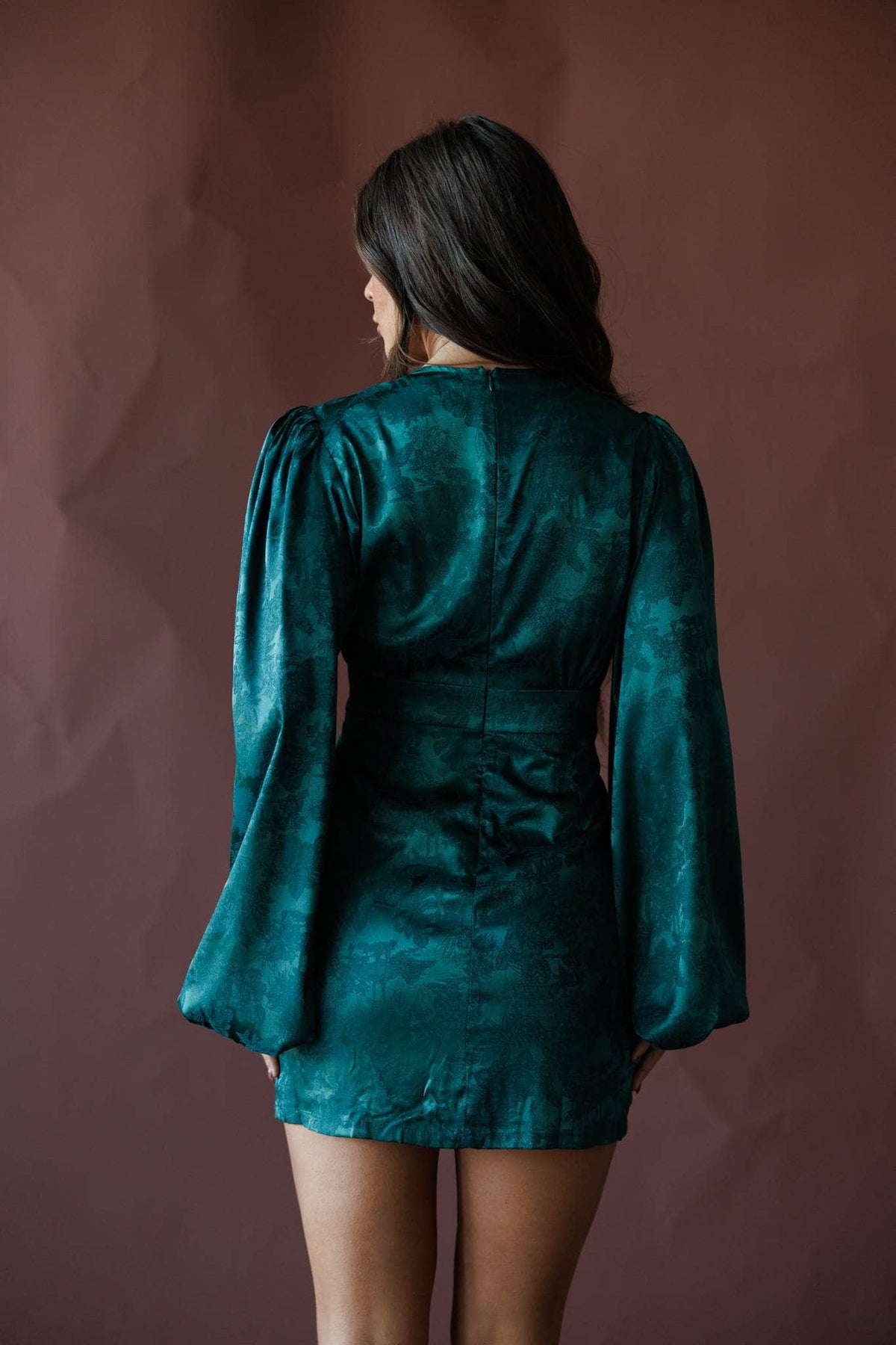 Emerald satin long sleeve mini dress
