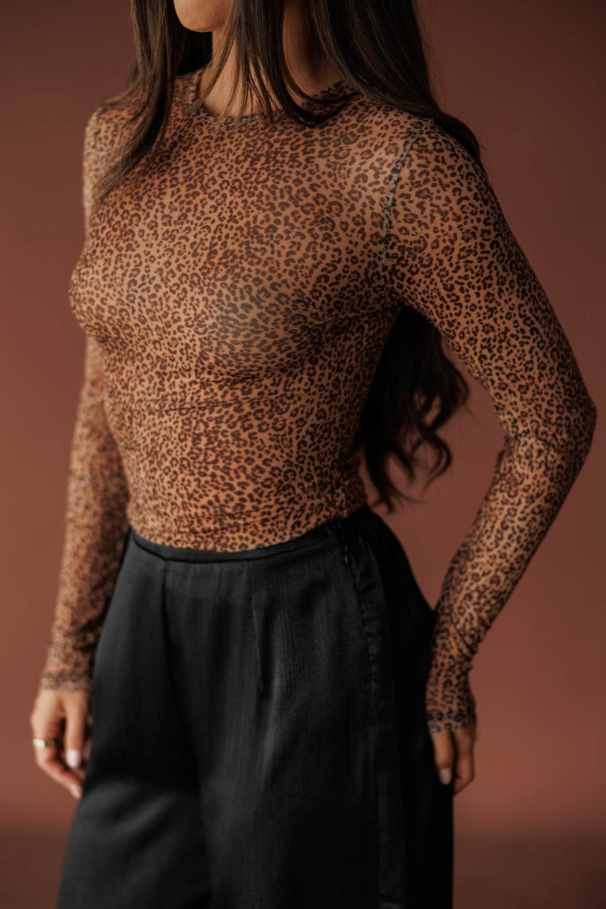 Burnt Sugar Mesh Top, in tawny brown, close front view of the animal texture