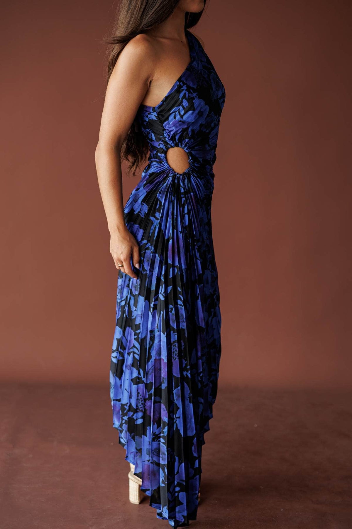 Midnight Bloom One Shoulder Maxi, in deep daphne, side view of the waist cut out and ring
