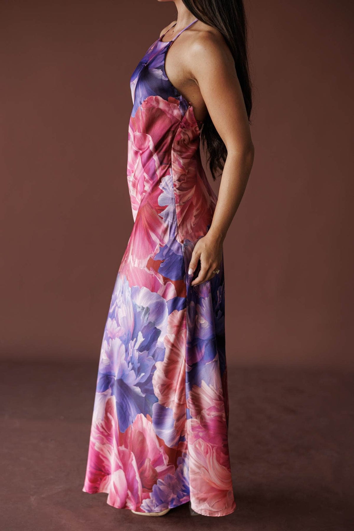 Peony Bloom Halter Maxi, in lilac rose, side view of the floral print skirt