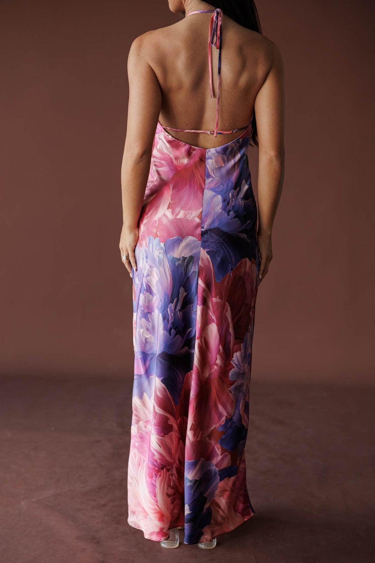 Peony Bloom Halter Maxi, in lilac rose, back view of the open back