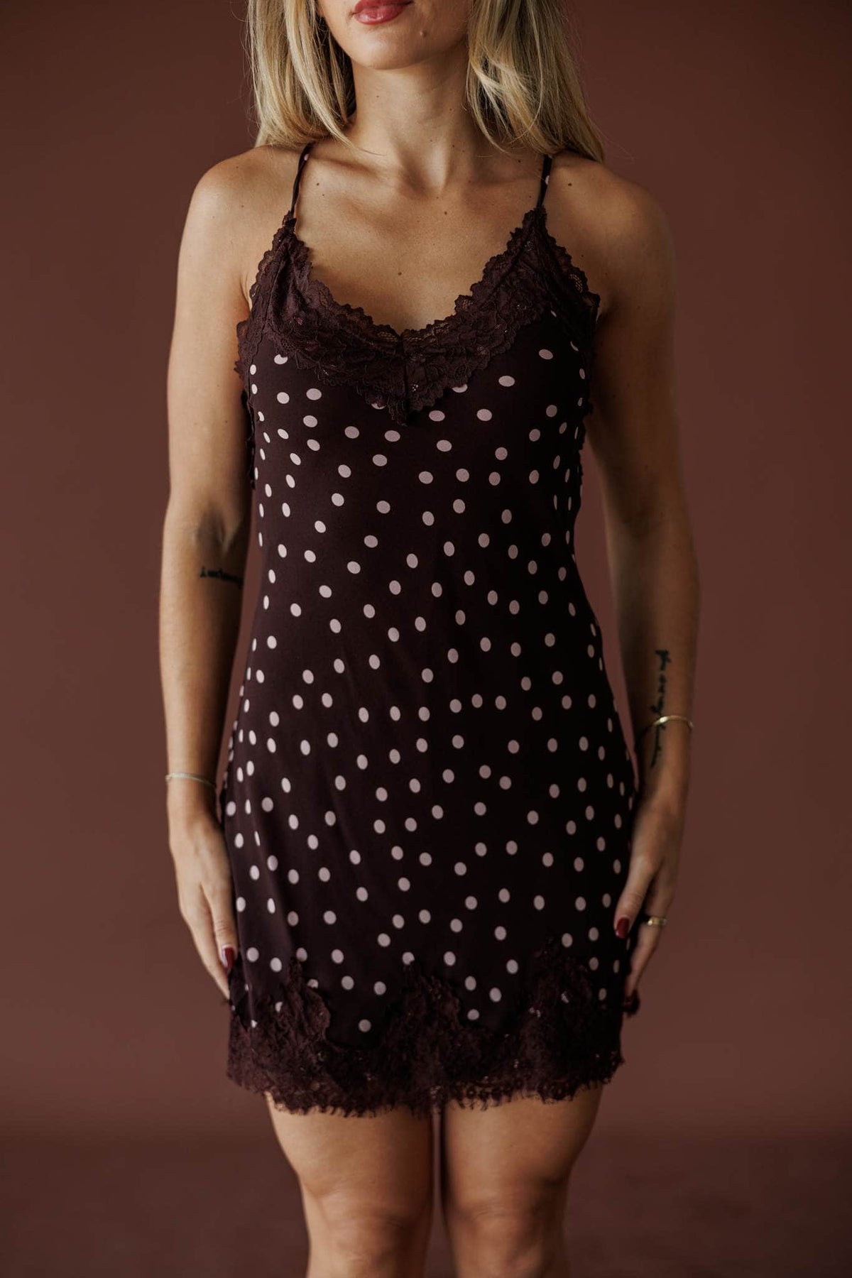 Plum Dot Lace Mini Dress, in fairly plum, close front view of the dot slip mini