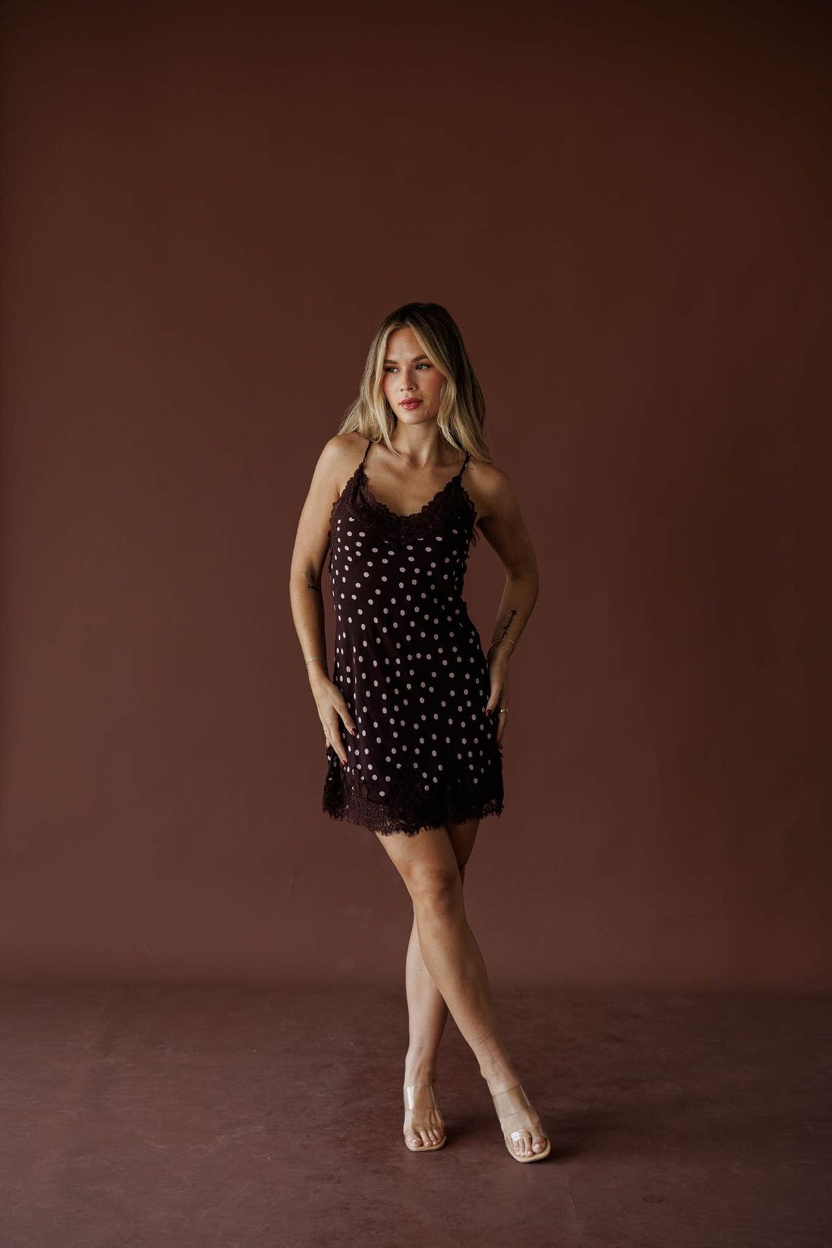 Plum Dot Lace Mini Dress, in fairly plum, full-length front view of the dot slip mini
