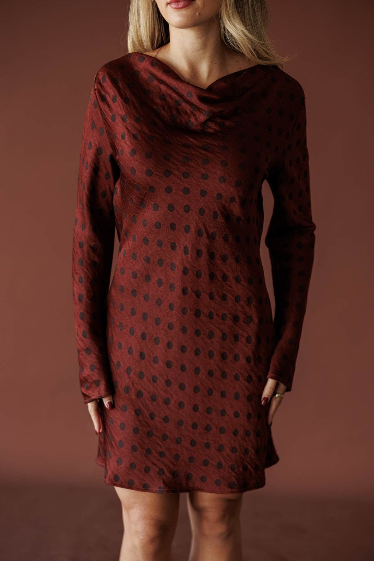 Claret Cowl Mini Dress, in maroon, close front view of the draped cowl neck