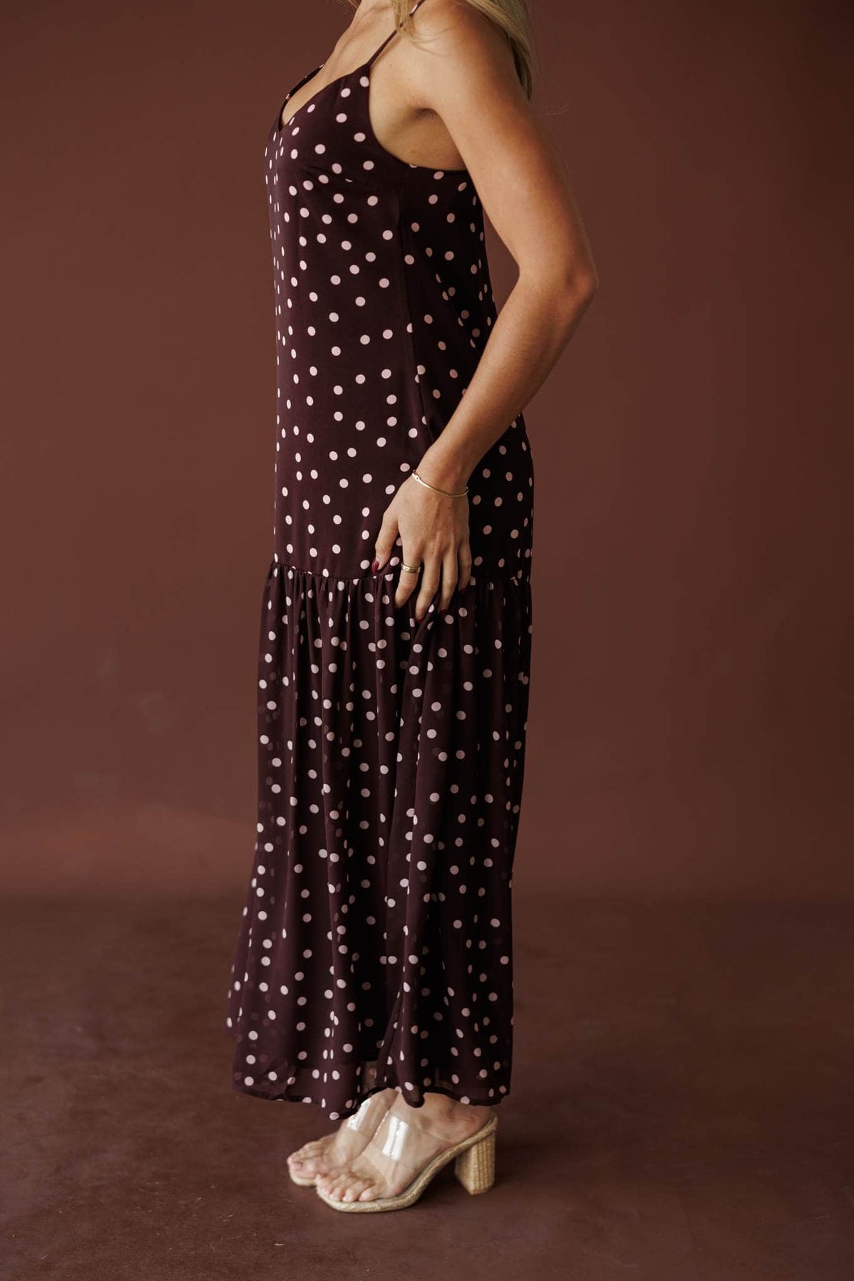 Plum Blush Tiered Slip Maxi, in plum blush, close side view of the dot print