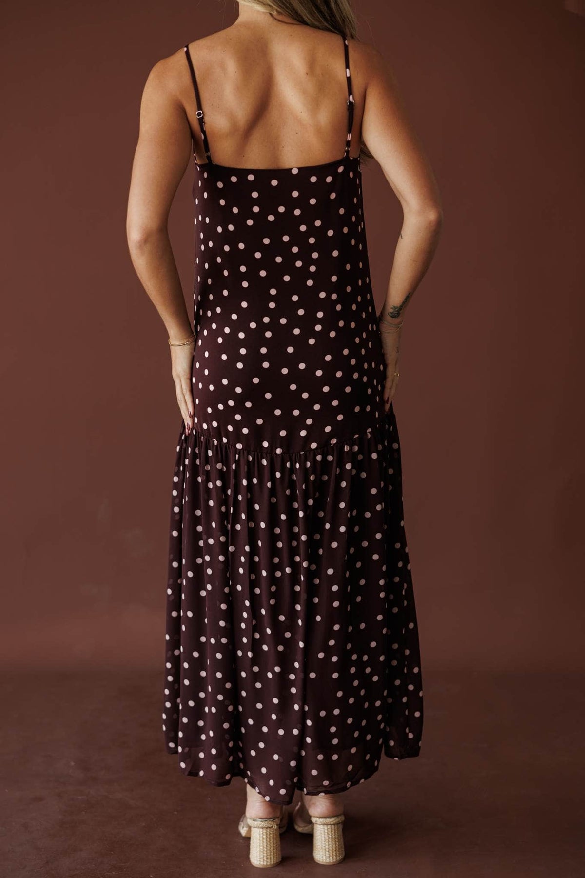 Plum Blush Tiered Slip Maxi, in plum blush, back view of the slip maxi