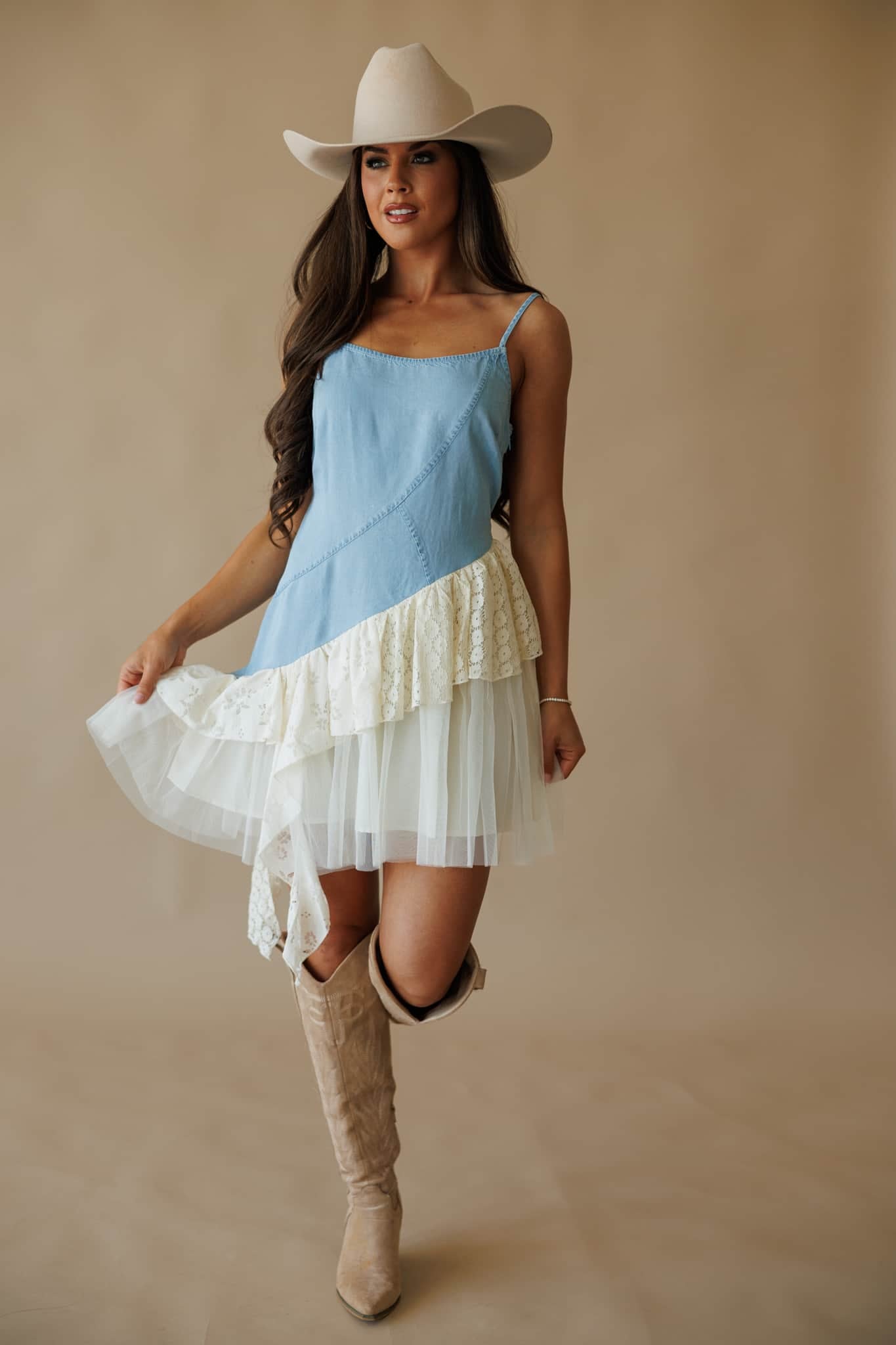 denim dress with cowboy boots FDC0348 Denim Woven Mixed Mini Dress