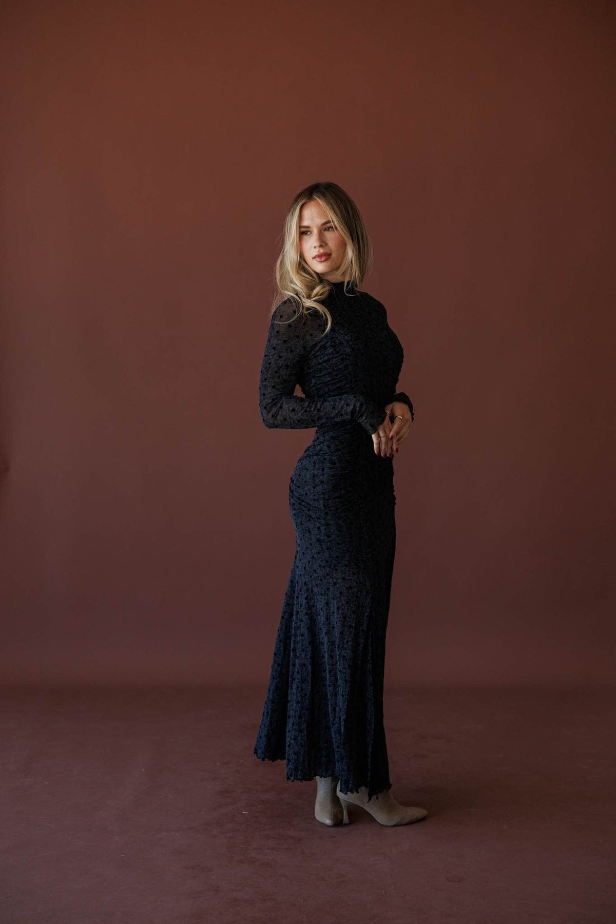 Dot The Night Mesh Maxi Dress, side view of the mesh sleeve