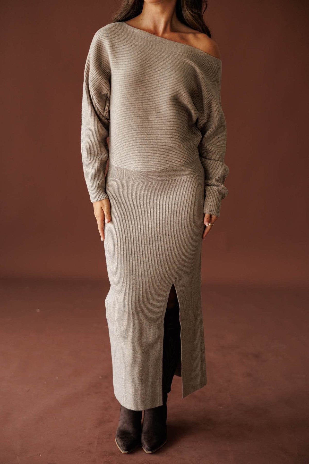 Fireside Mode Sweater Dress in oatmeal, front view showing the front slit knit dress