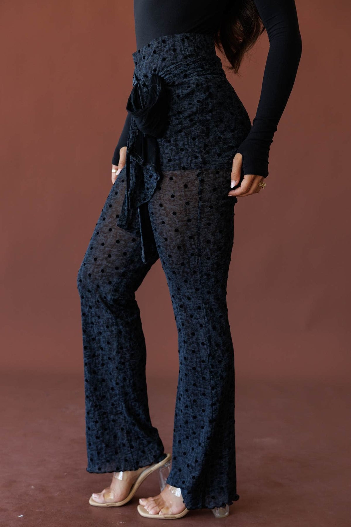Grey polka dot mesh pants