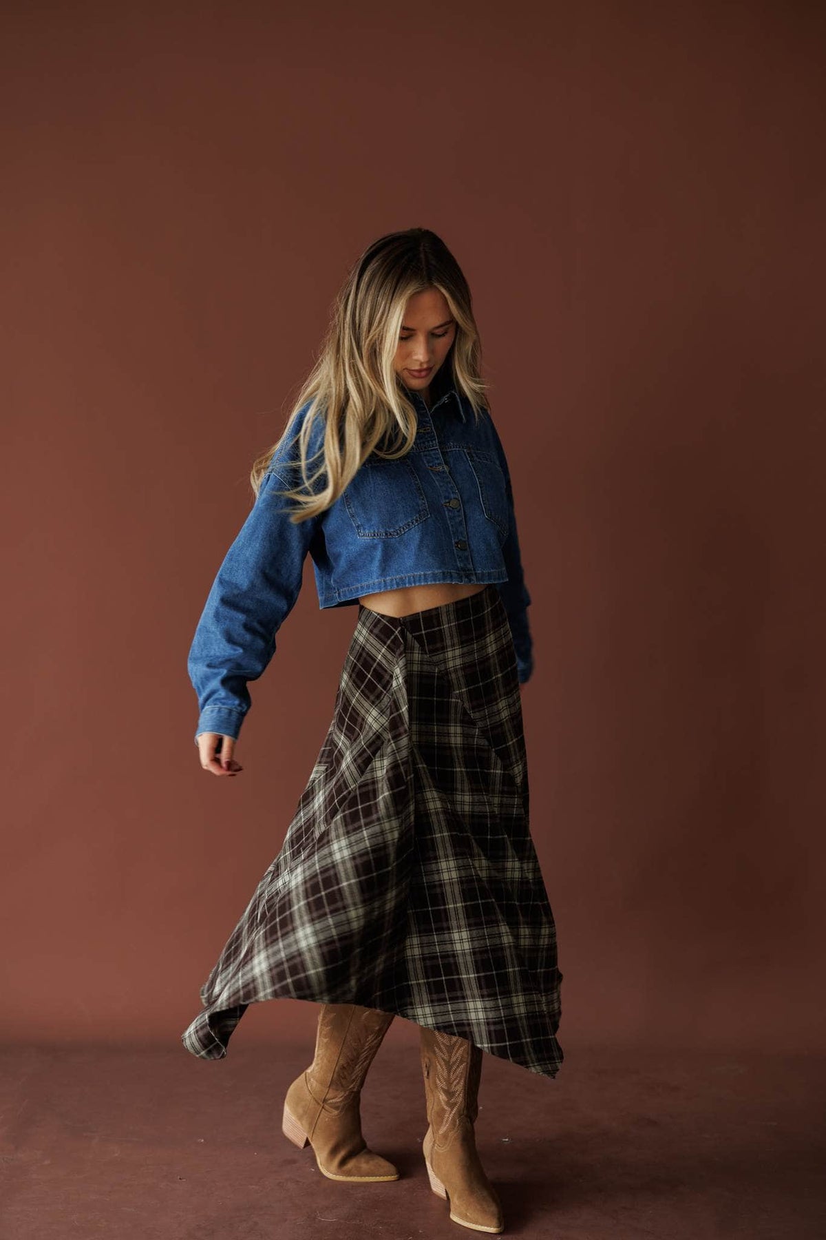 Espresso plaid asymmetric midi skirt