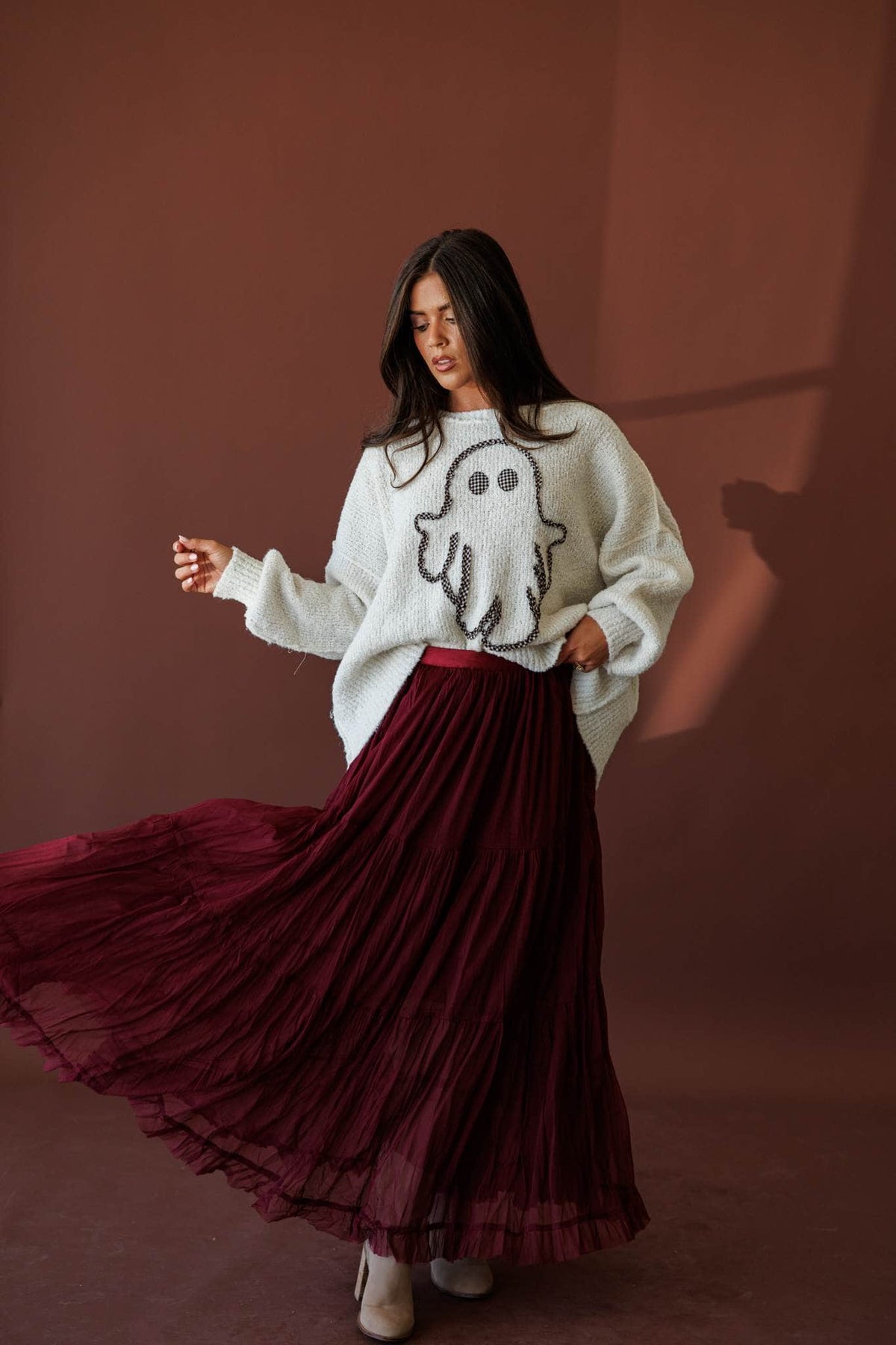 Mulberry Mood Tiered Maxi Skirt, full-length view with a ghost graphic sweatshirt