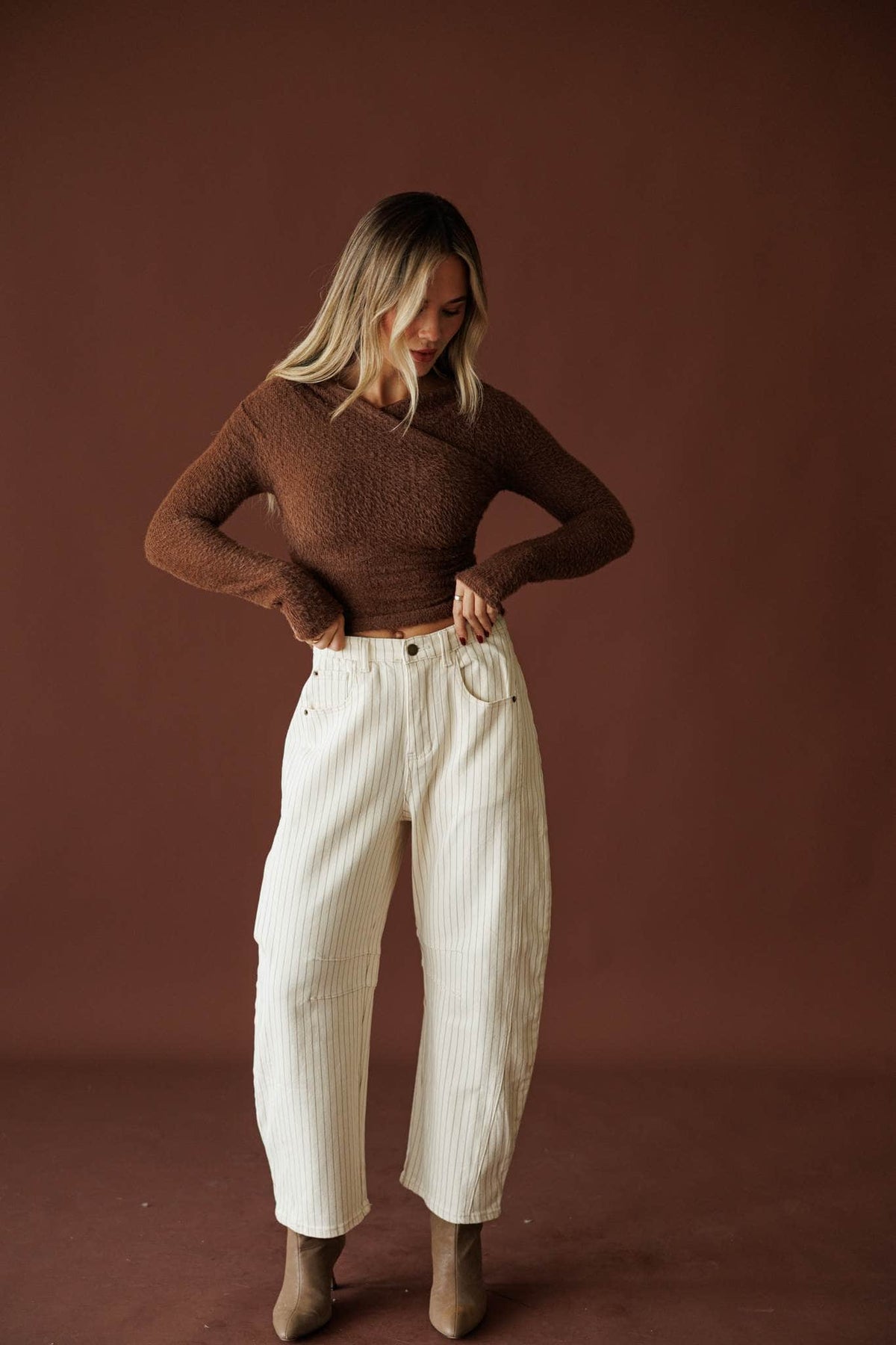 Feels Like Fall Sweater in chocolate, full-length view styled with cream wide-leg pants