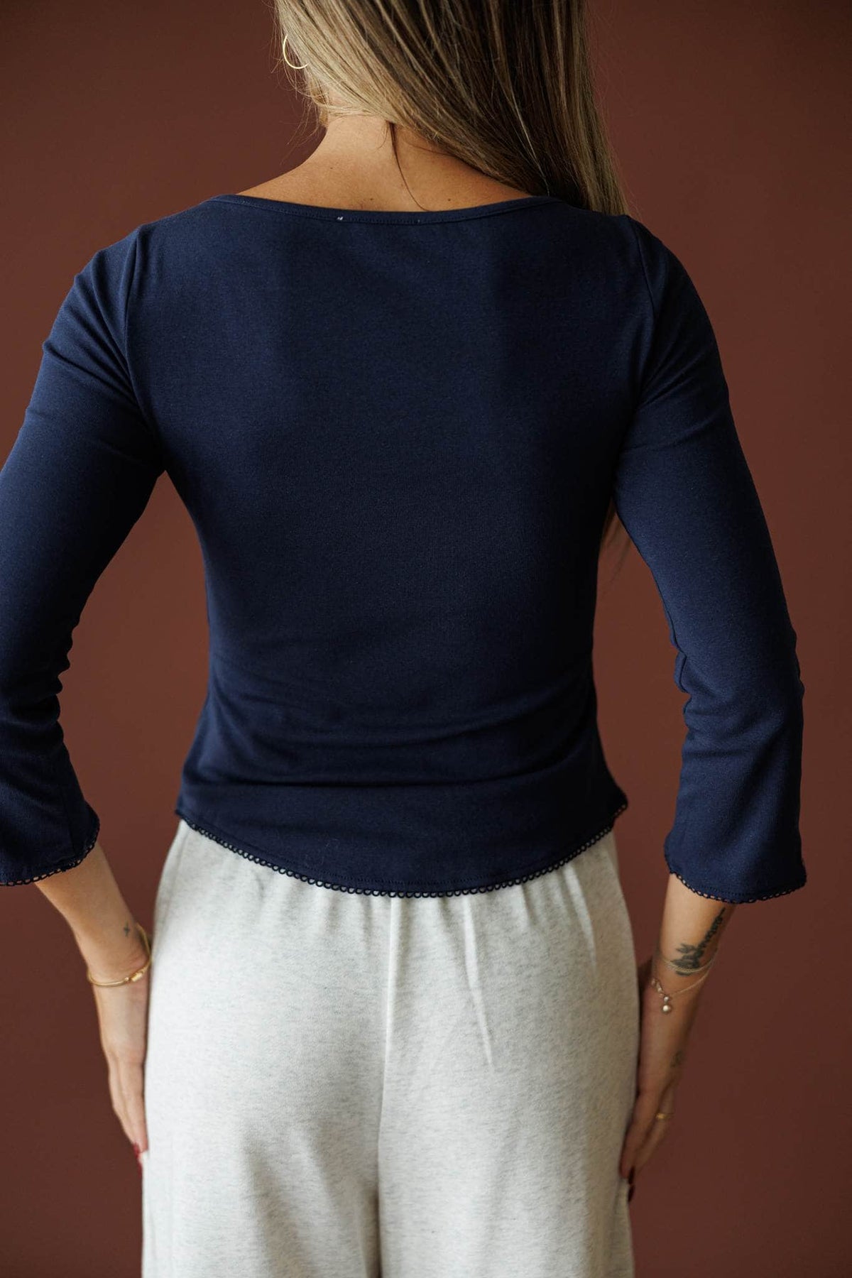 I Miss My Dog Long Sleeve Tee in navy, back view showing the scoop neck long sleeve tee
