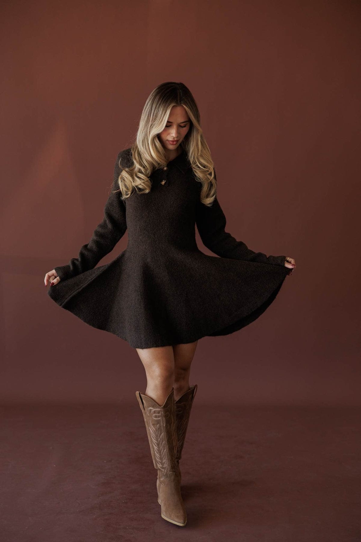Brown collared sweater mini dress