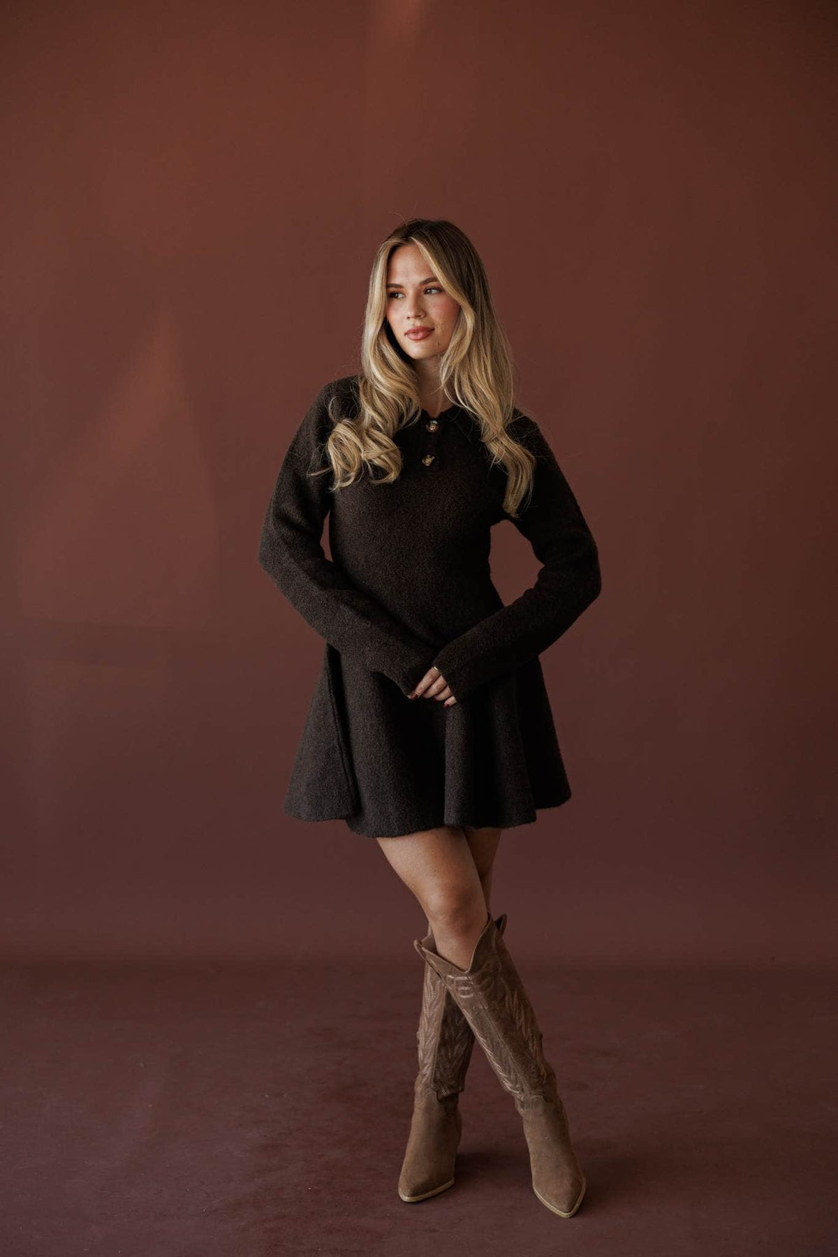 Brown collared sweater mini dress, front view