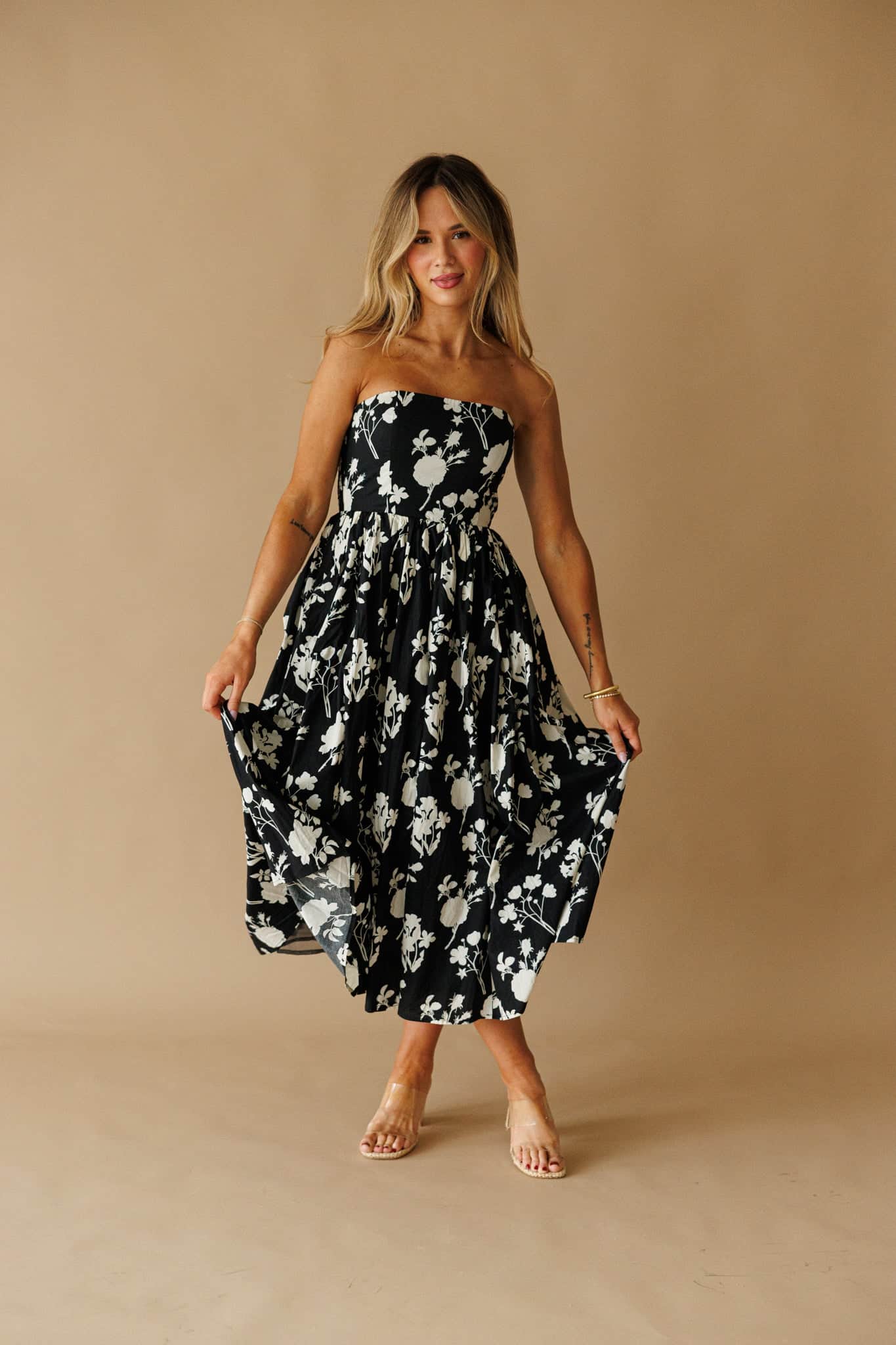 Black Magnolia Dress | Strapless Floral A-Line Dress