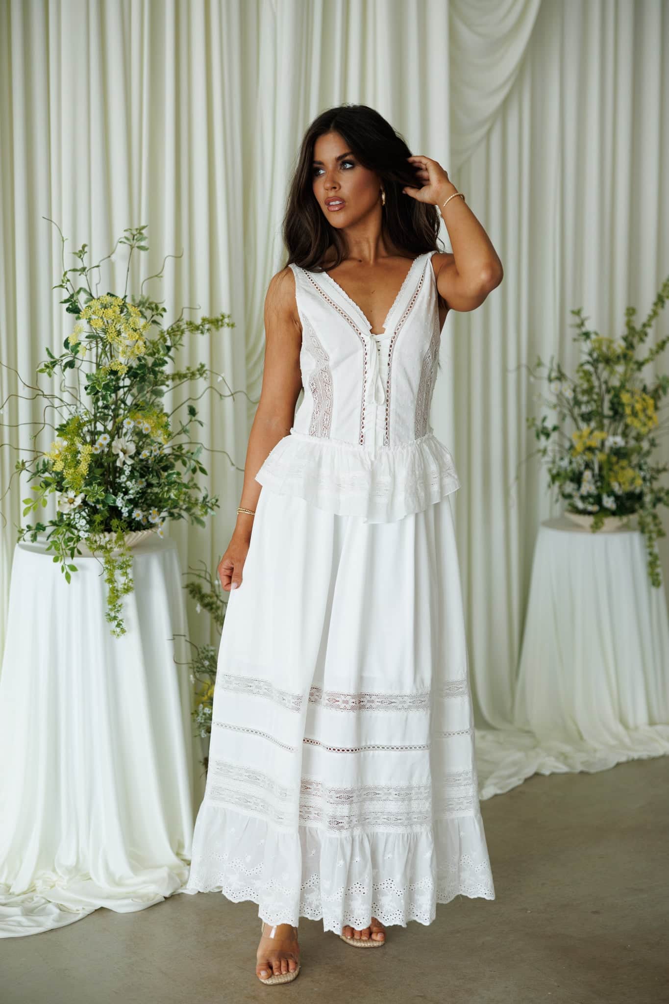 lace ruffle midi dress Pink Sleeveless Embroidered Lace Ruffle Midi Dress