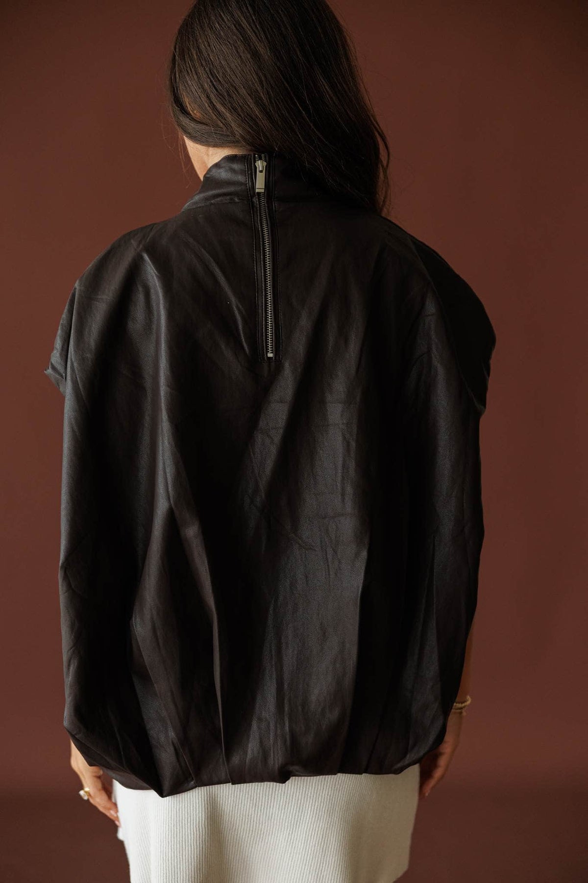 Stockyard Leather Vest in brown, back view of the faux leather panelling