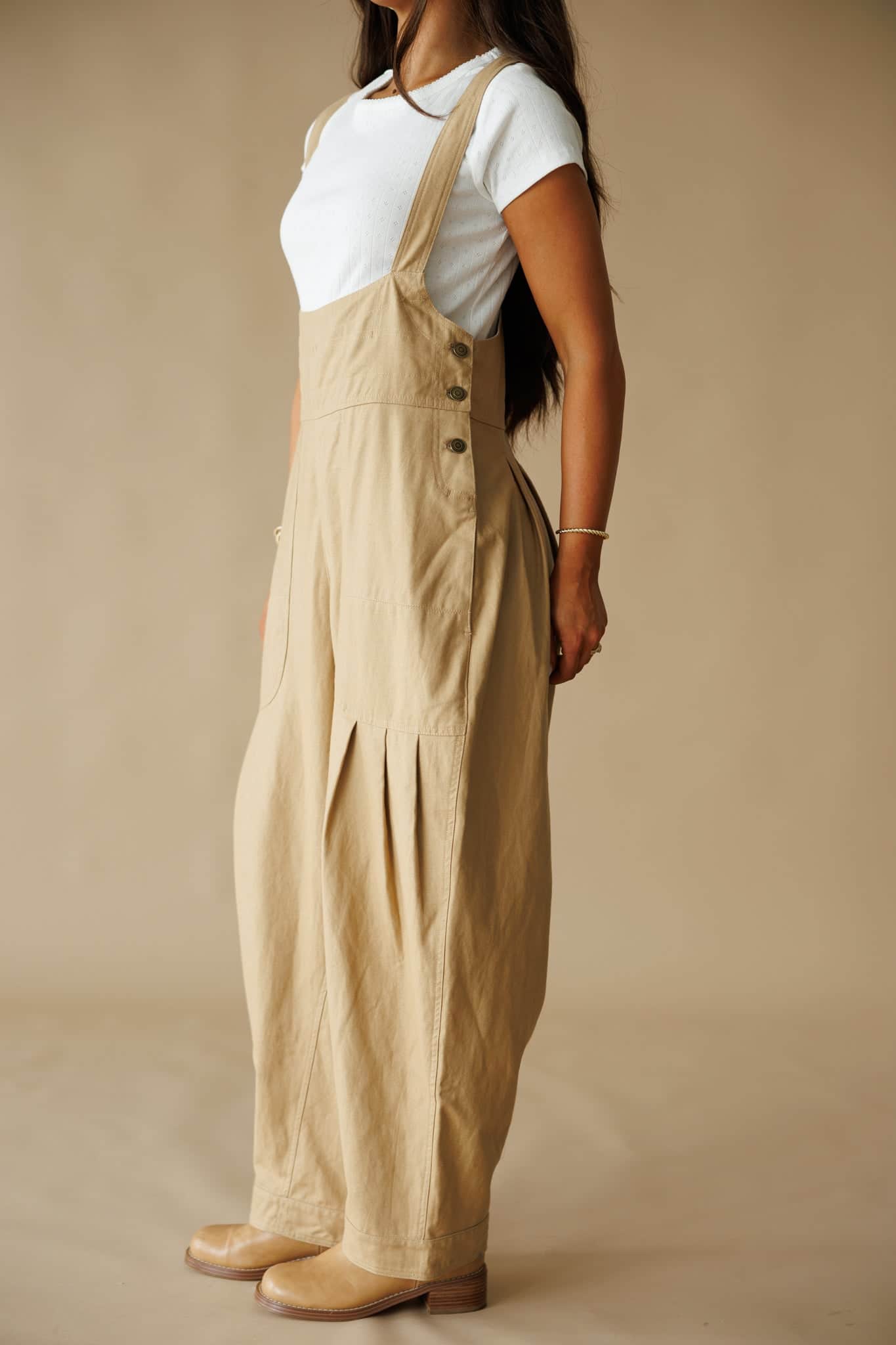 Tan Pleated Barrel Overalls