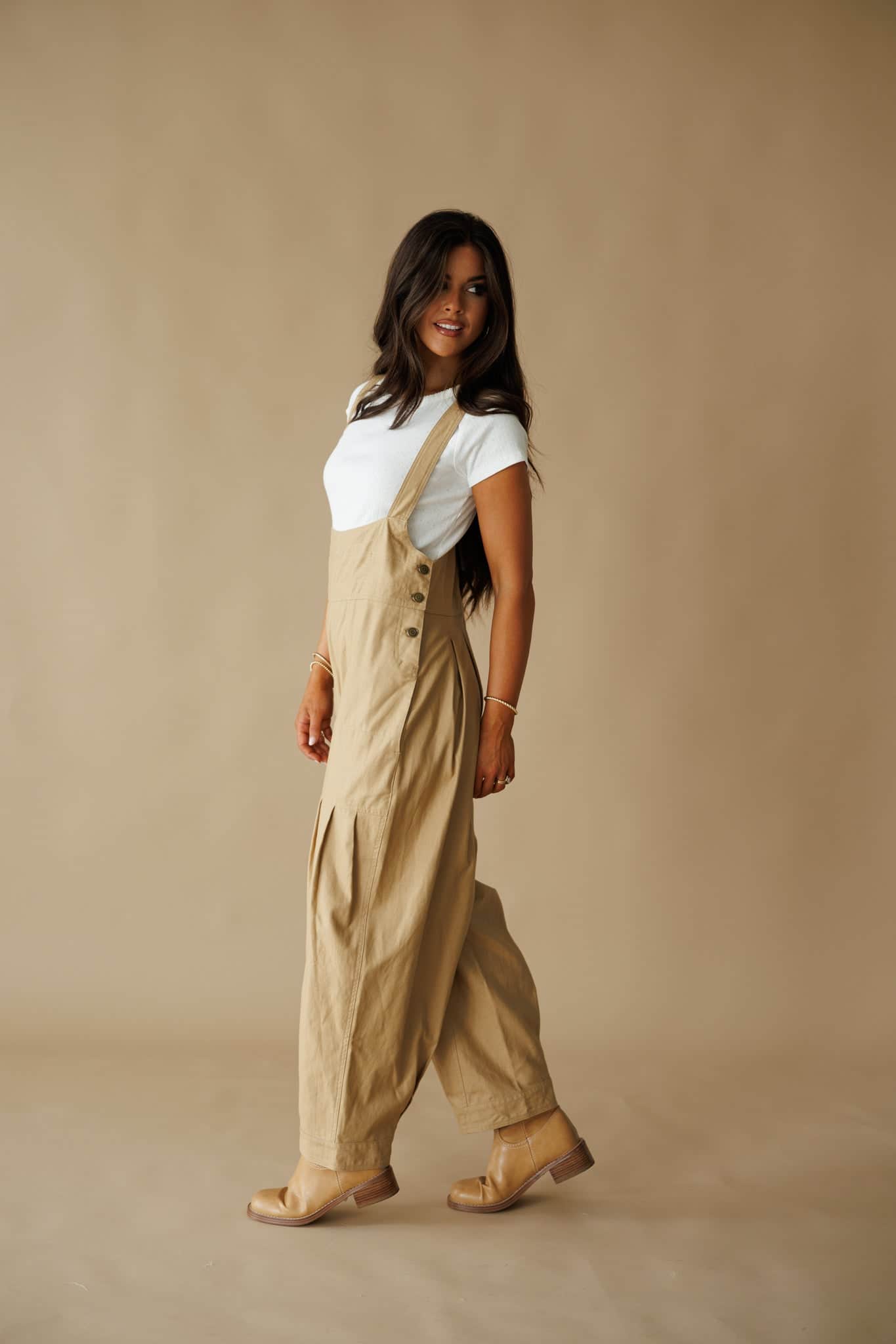 Tan Pleated Barrel Overalls