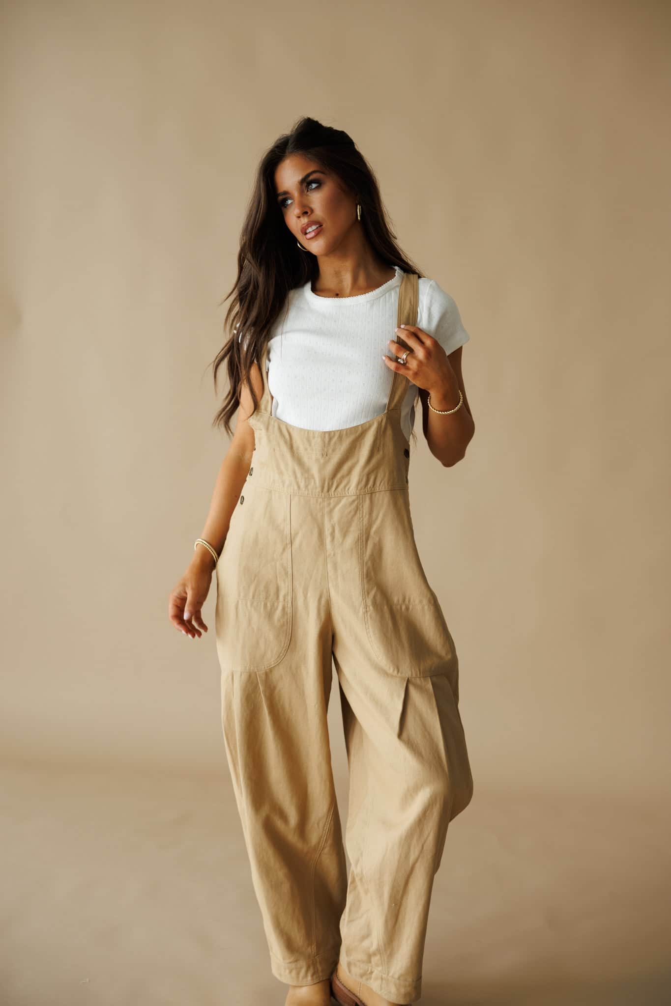 Tan Pleated Barrel Overalls