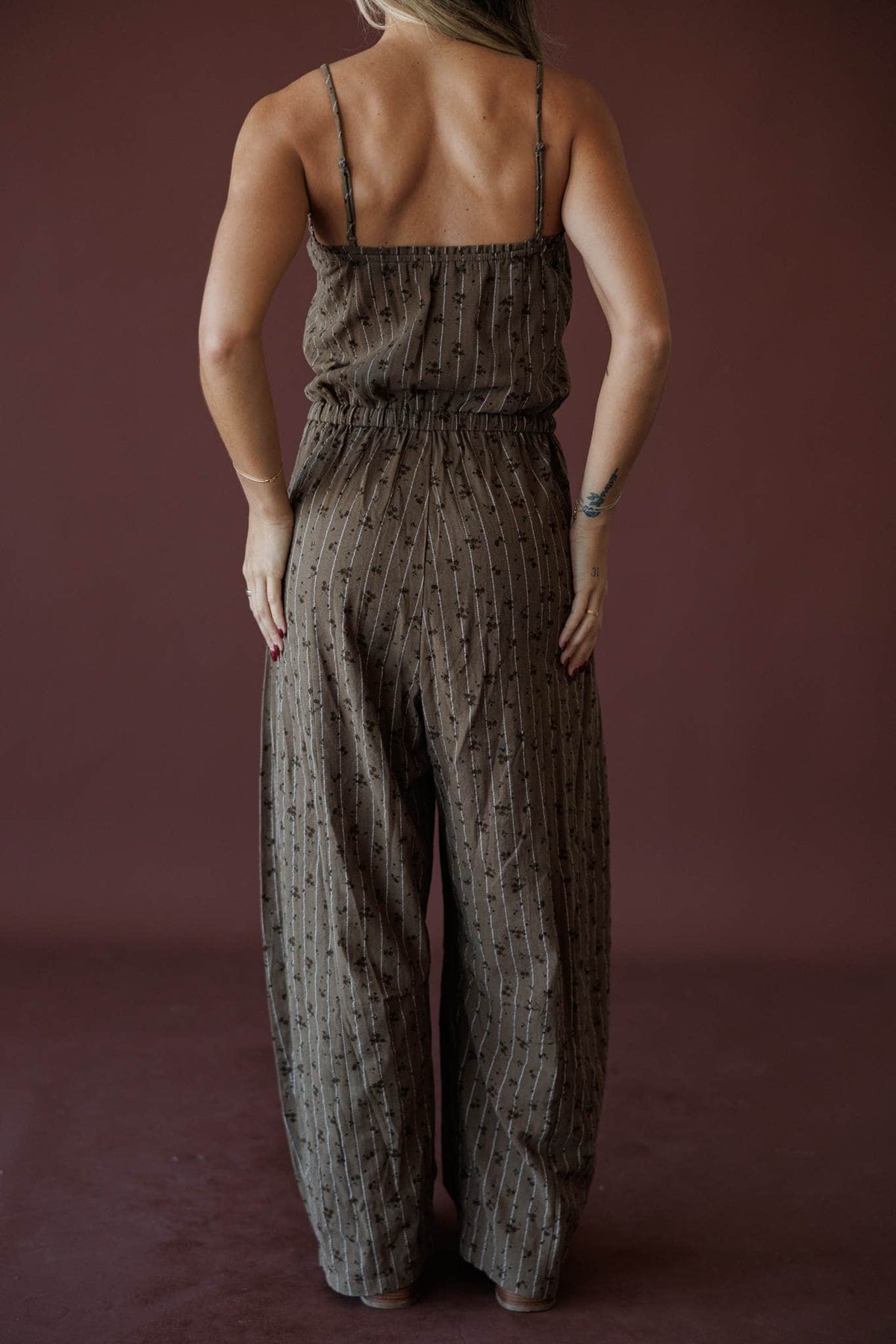 Garden Social Barrel Jumpsuit, in dark brown, full-length front view of the tie waist