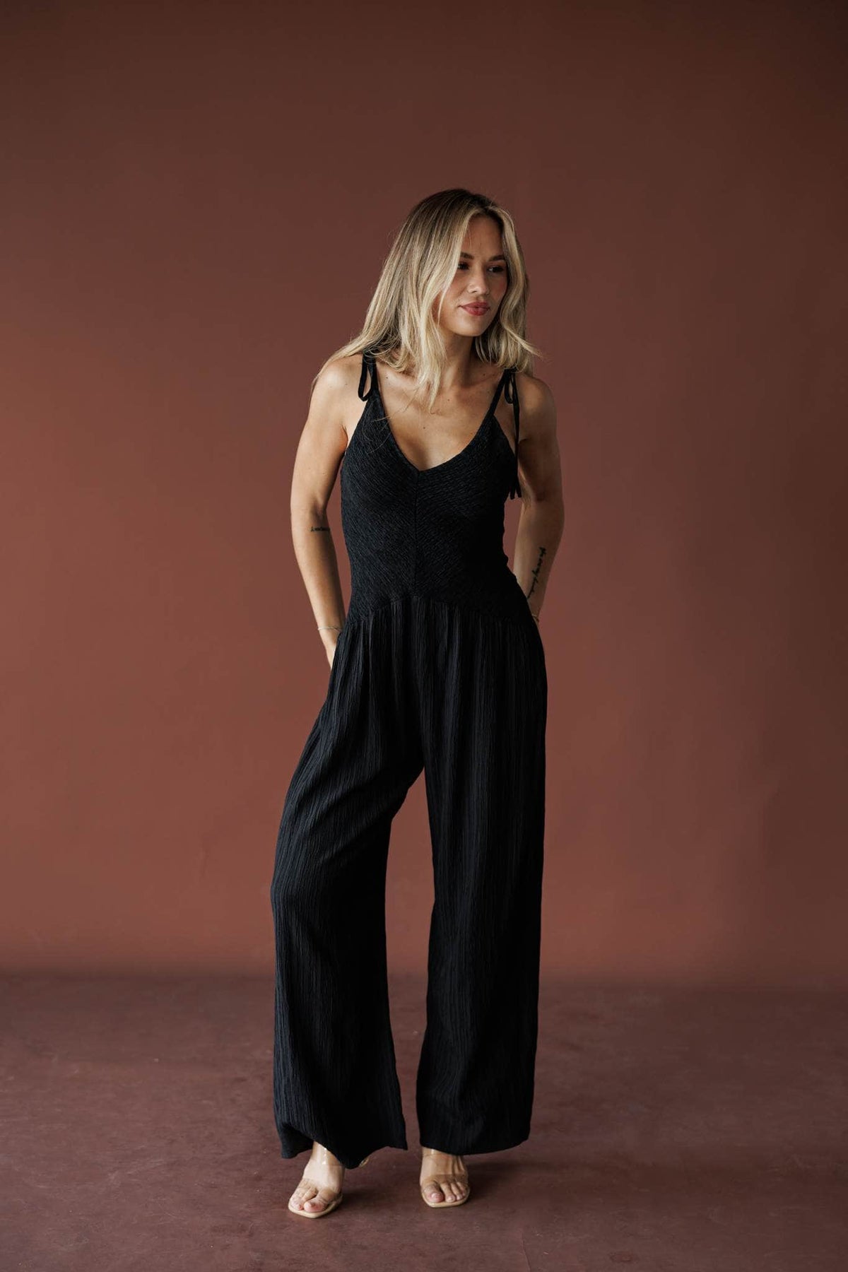 Black jumpsuit, front view