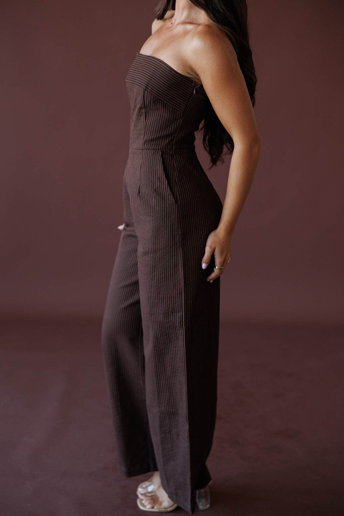 Cocoa Hour Strapless Jumpsuit, in brown, close side view of the bodice seaming
