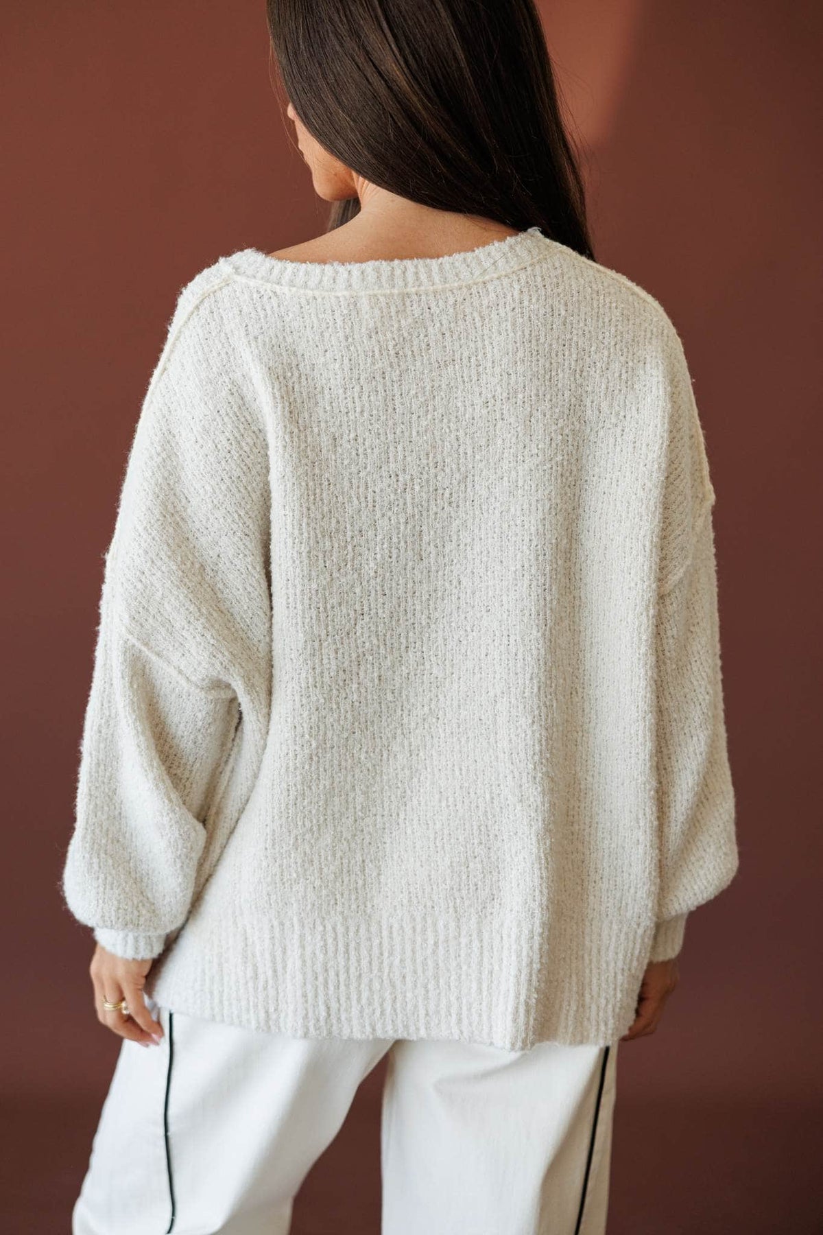 Friendly Ghost Sweater, back view of the oversized knit