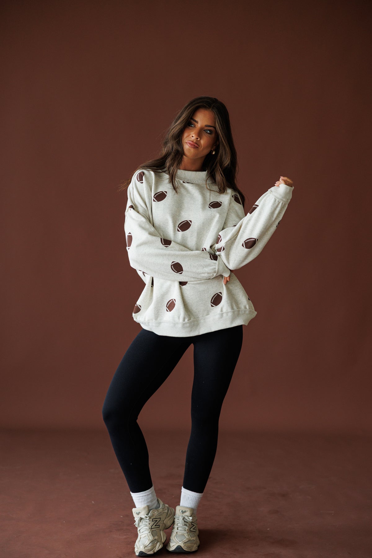 Double Down Reversible Sweatshirt in heather grey, full-length view of the football print side