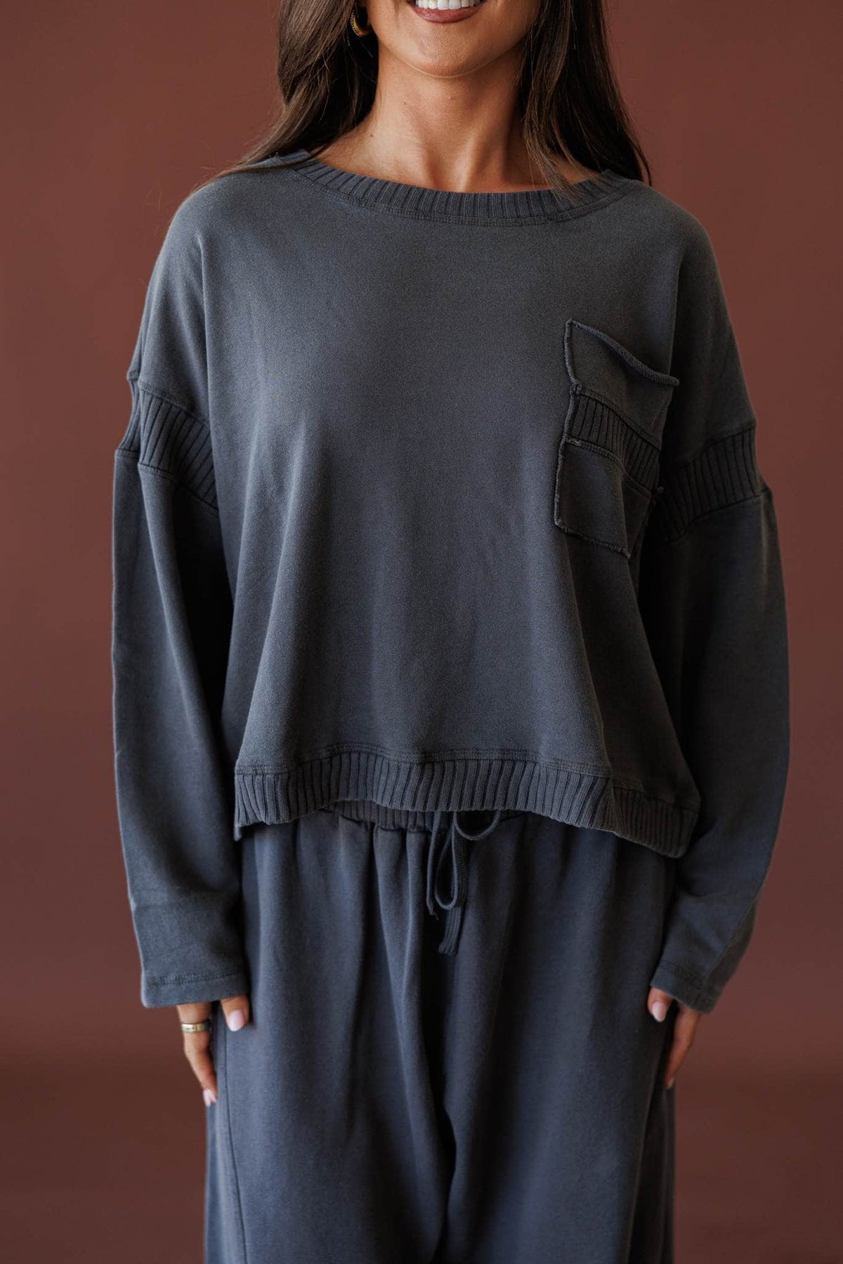 Take Five Pullover, front view of the dropped shoulder
