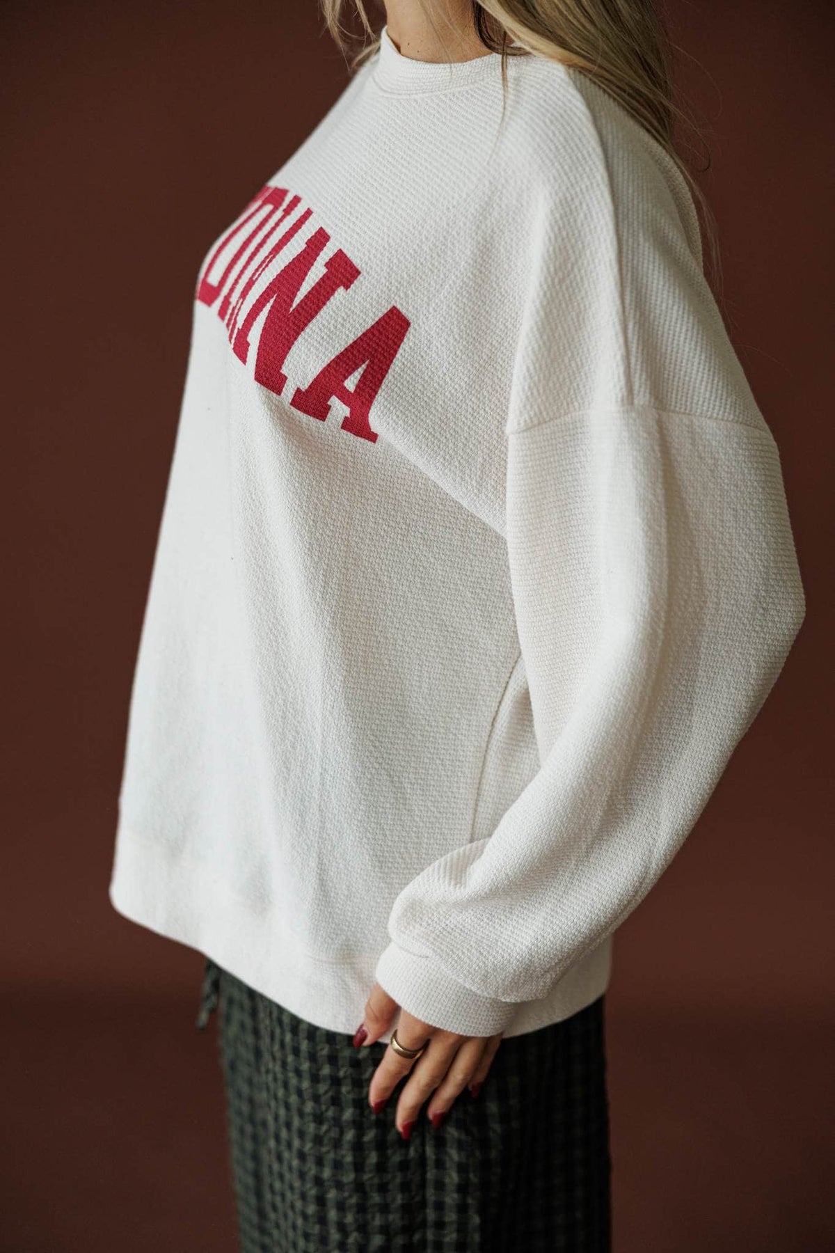 Indiana Cloud Knit Sweatshirt in ivory, side close-up of the brushed knit and sleeve