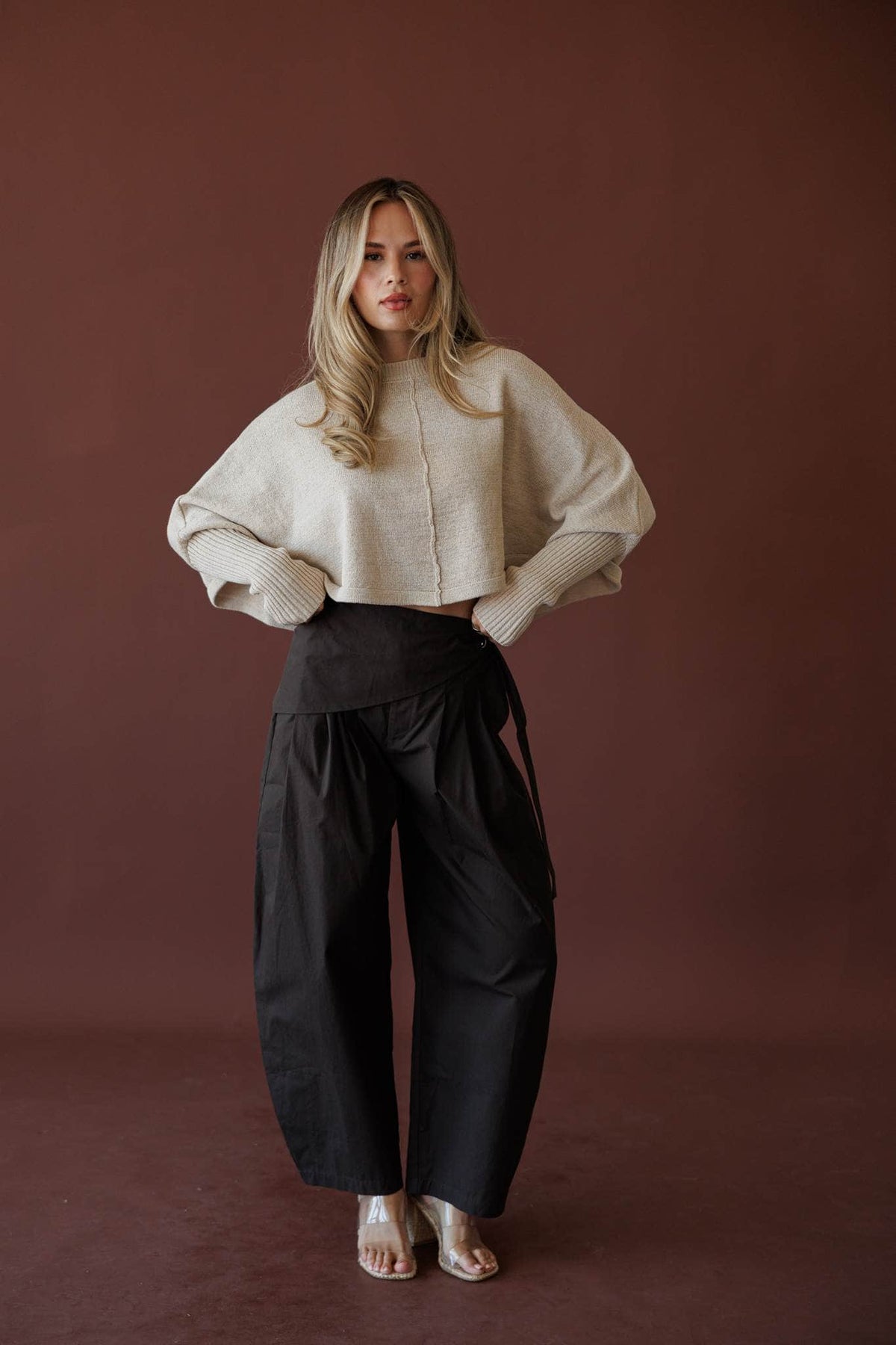 Scarf Tie Trouser, in dark chocolate, full-length front view with a cream sweater