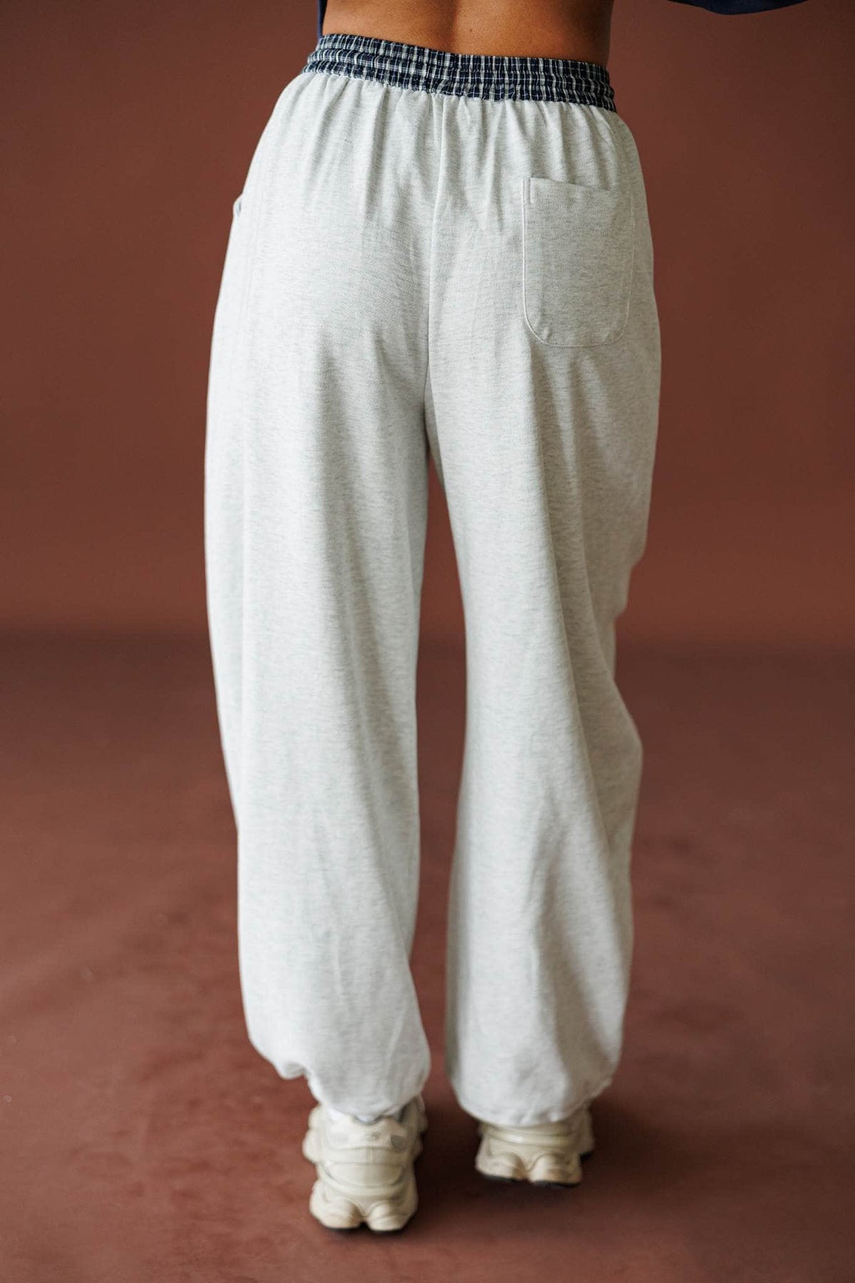 Slow Down Wide Leg Joggers in light heather grey, back view of the elastic waist and wide leg