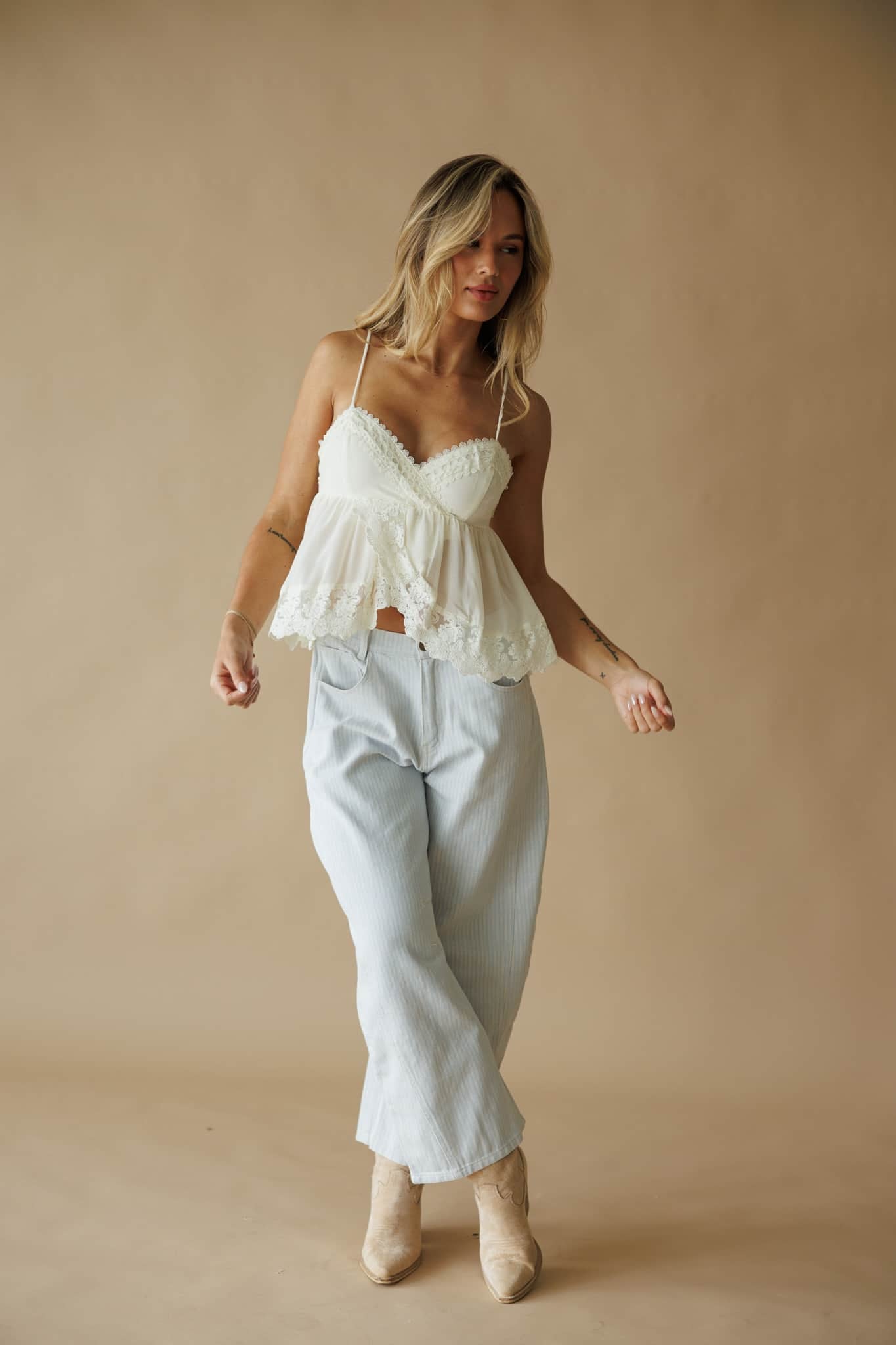 Striped Twill Denim Barrel Pants