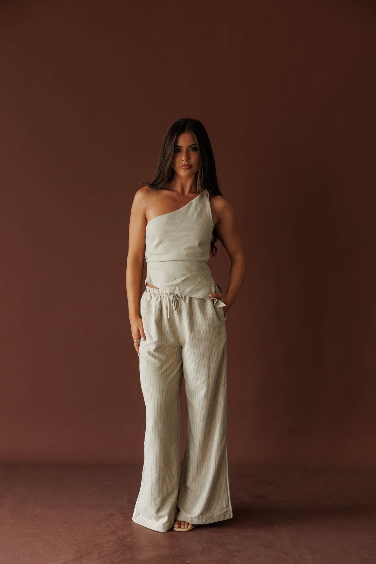 Cream and blue stripe one shoulder top