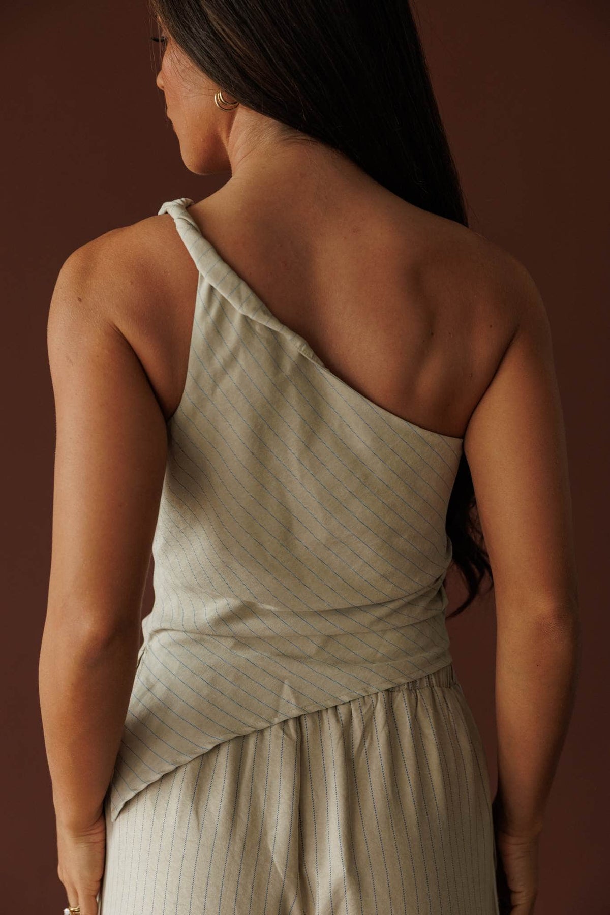 Cream and blue stripe one shoulder top
