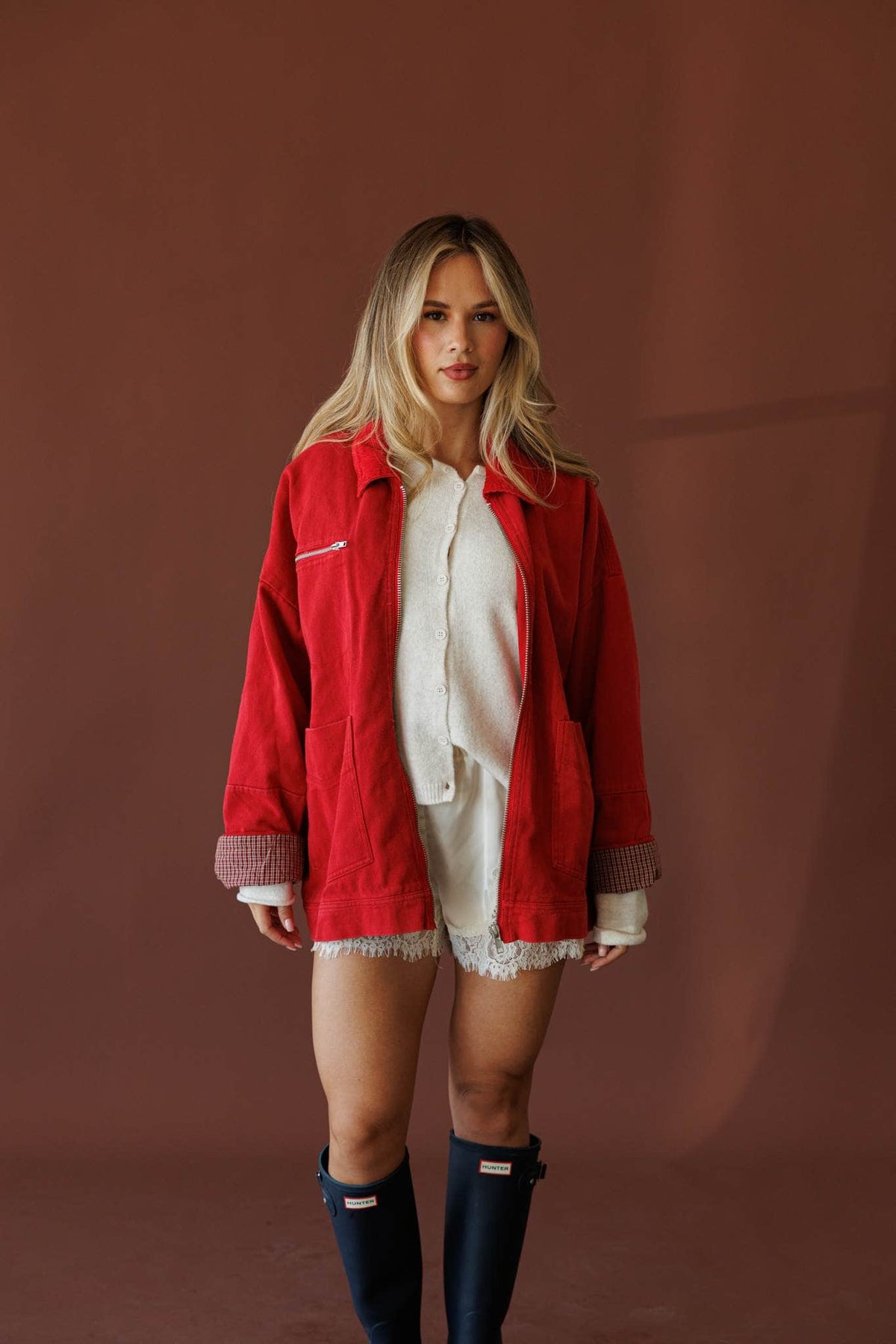 Red oversized twill worker jacket