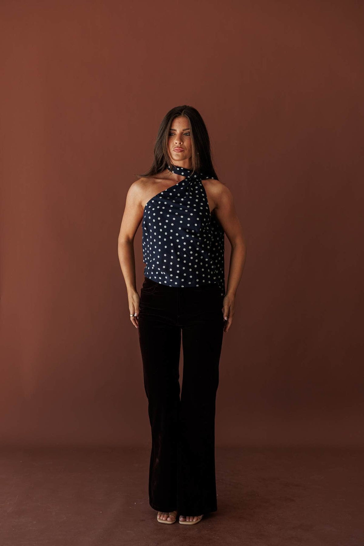 Spot On Scarf Halter Top, full-length view with black trousers