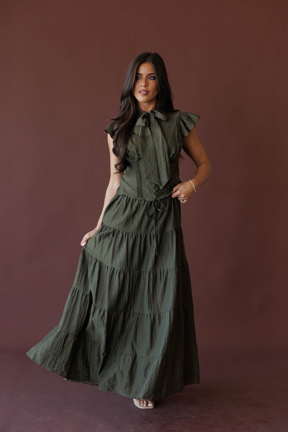 Olive tiered cotton gauze maxi skirt