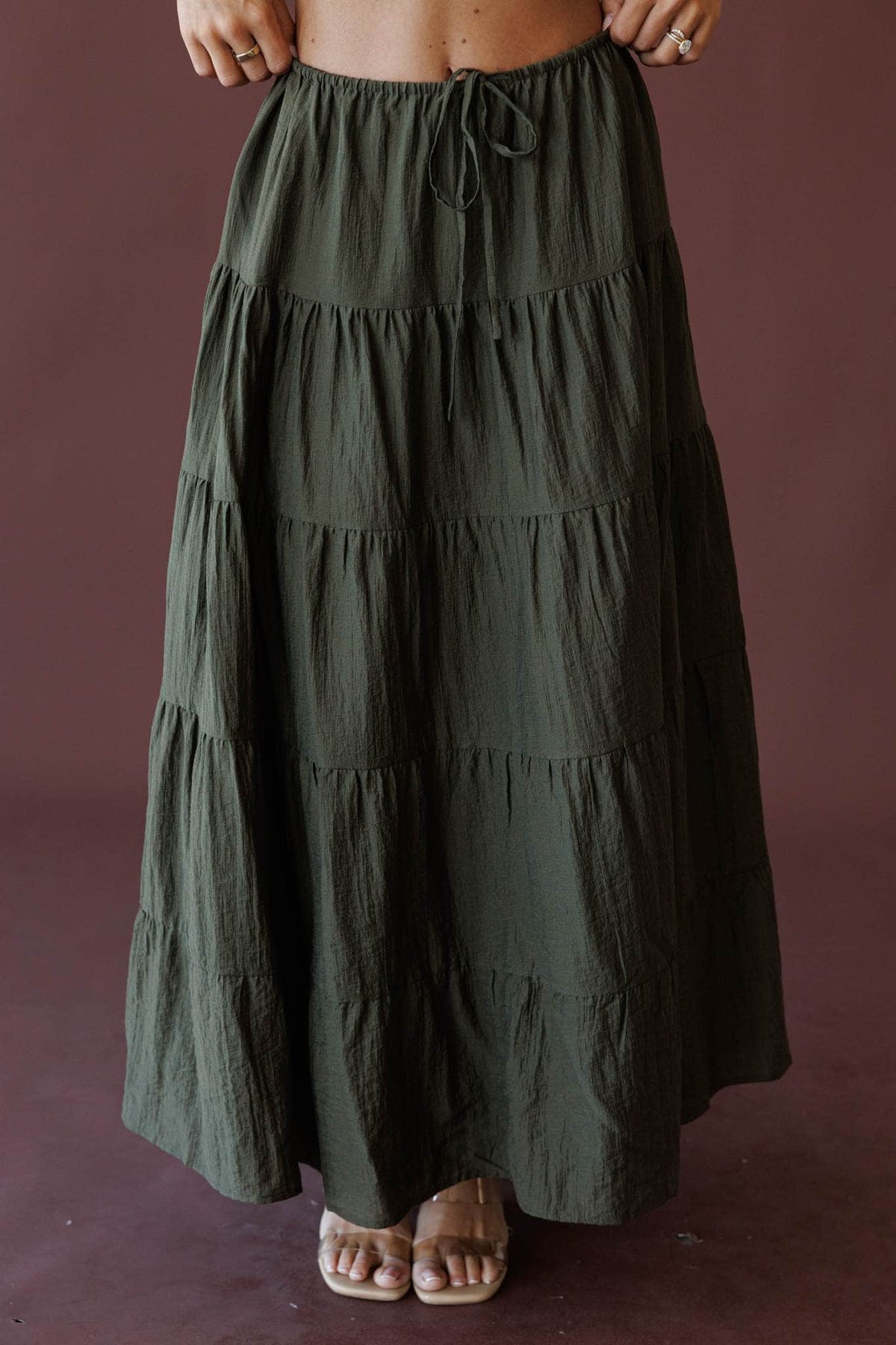 Olive tiered cotton gauze maxi skirt, front view