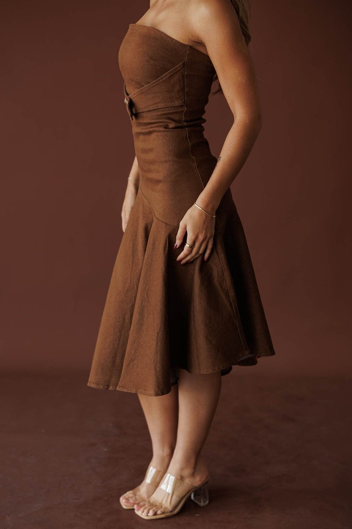 Brown denim strapless asymmetric midi dress