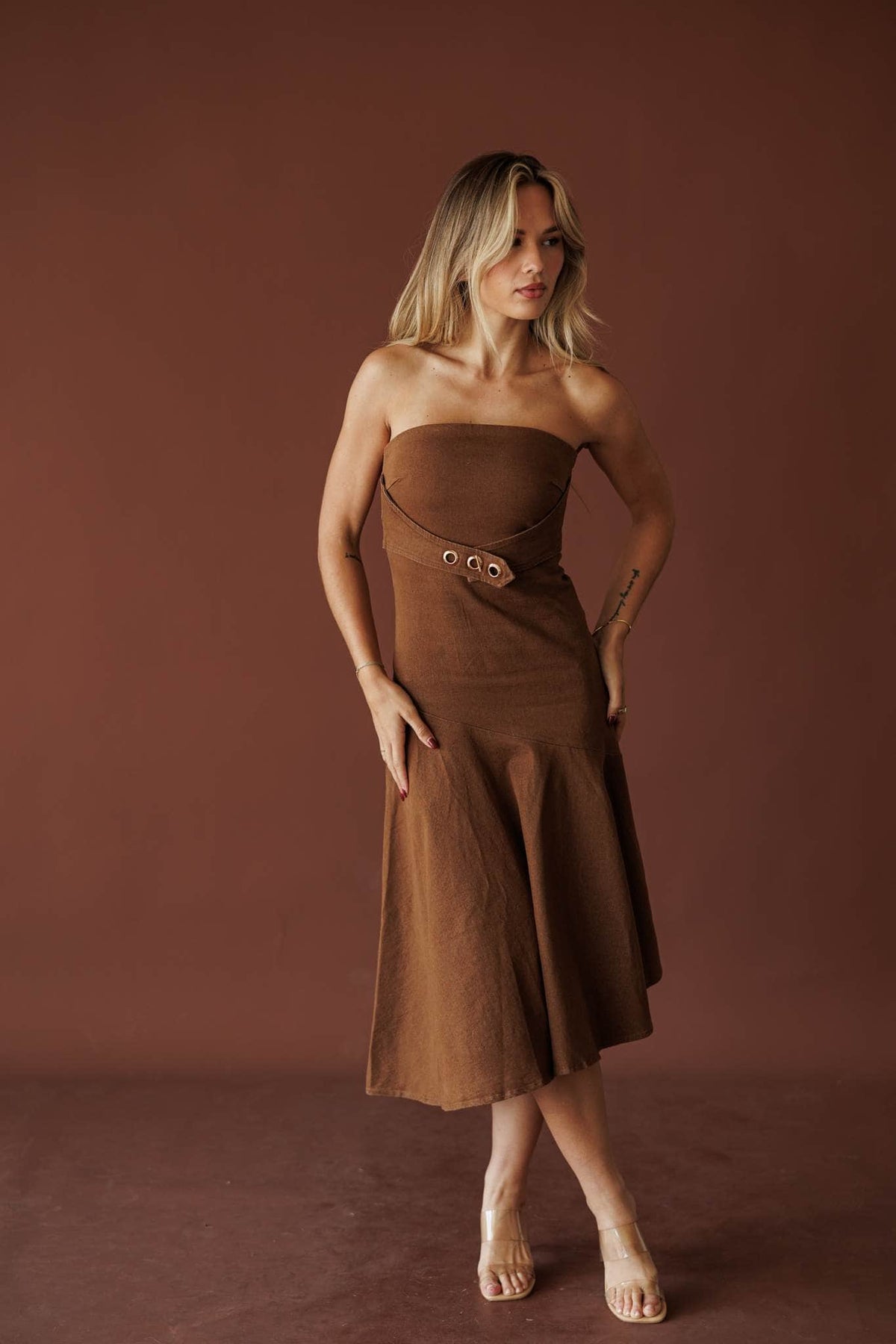 Brown denim strapless asymmetric midi dress