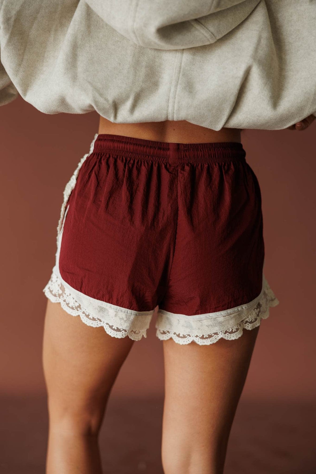 Burgundy lace trim lounge shorts
