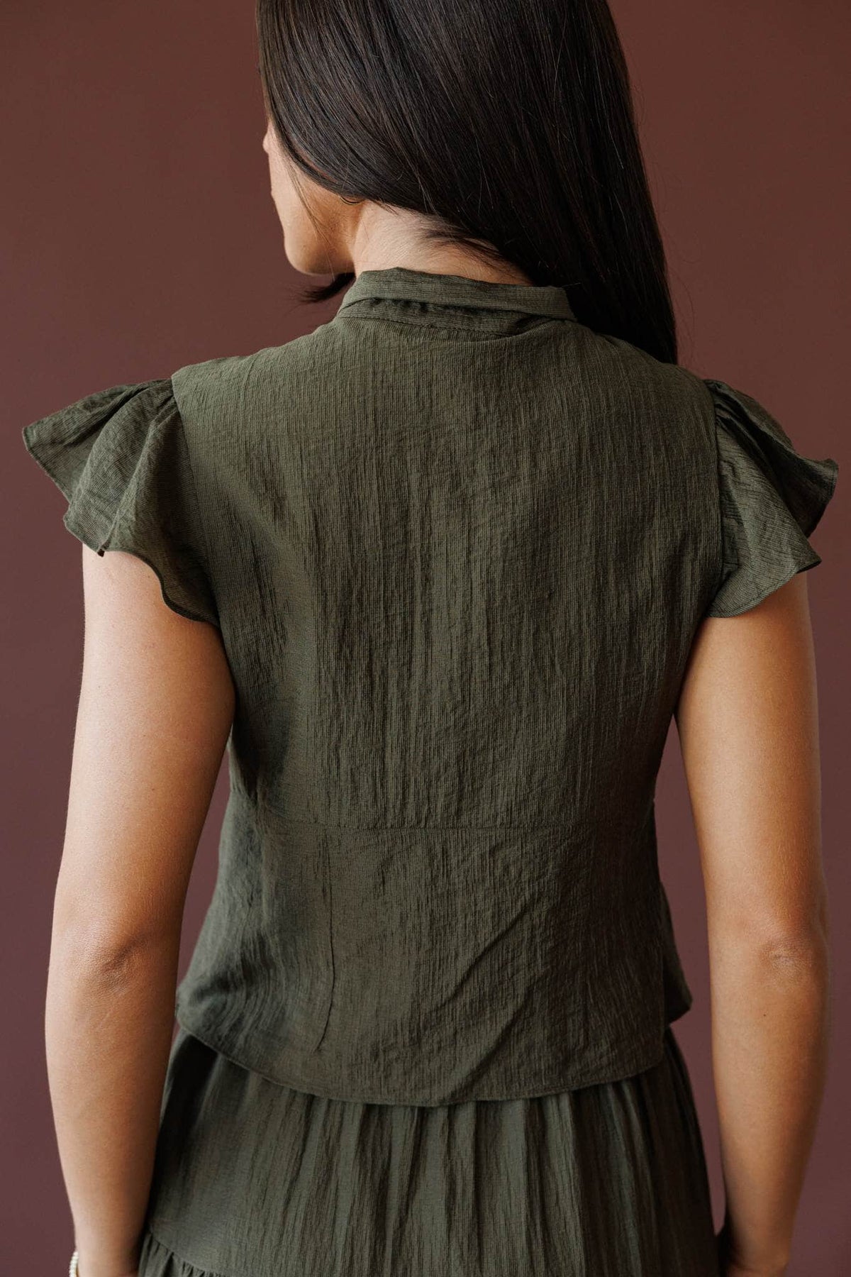 Olive flutter sleeve top