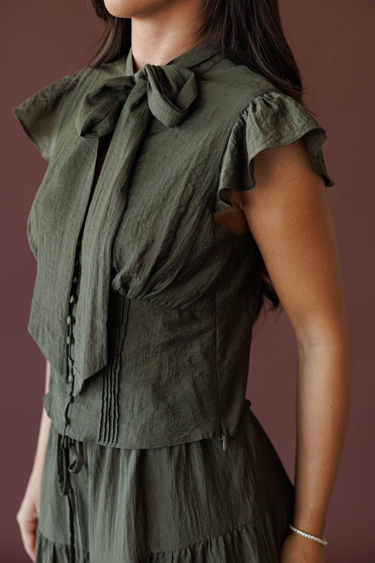 Olive flutter sleeve top