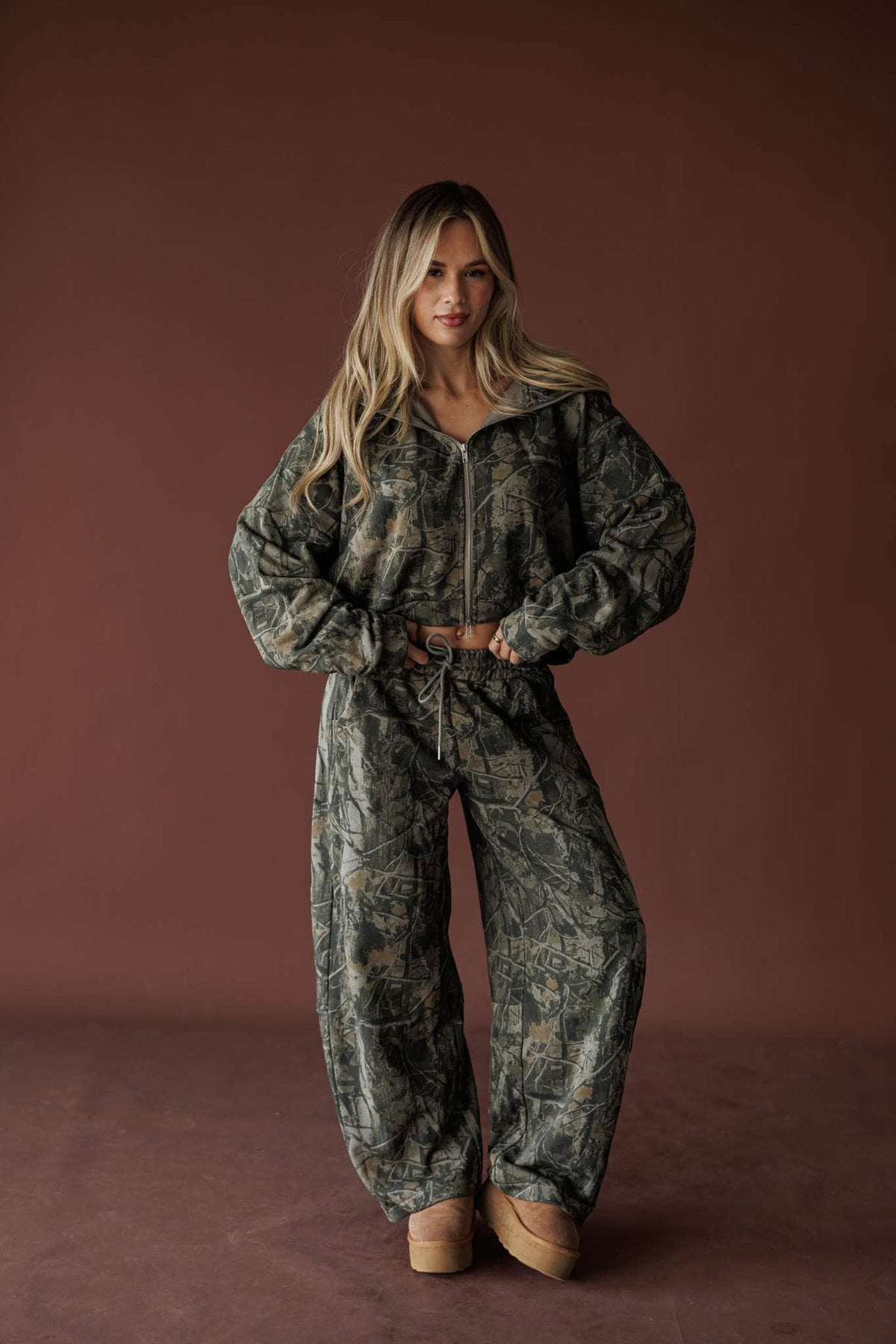 Olive camo cropped zip up jacket