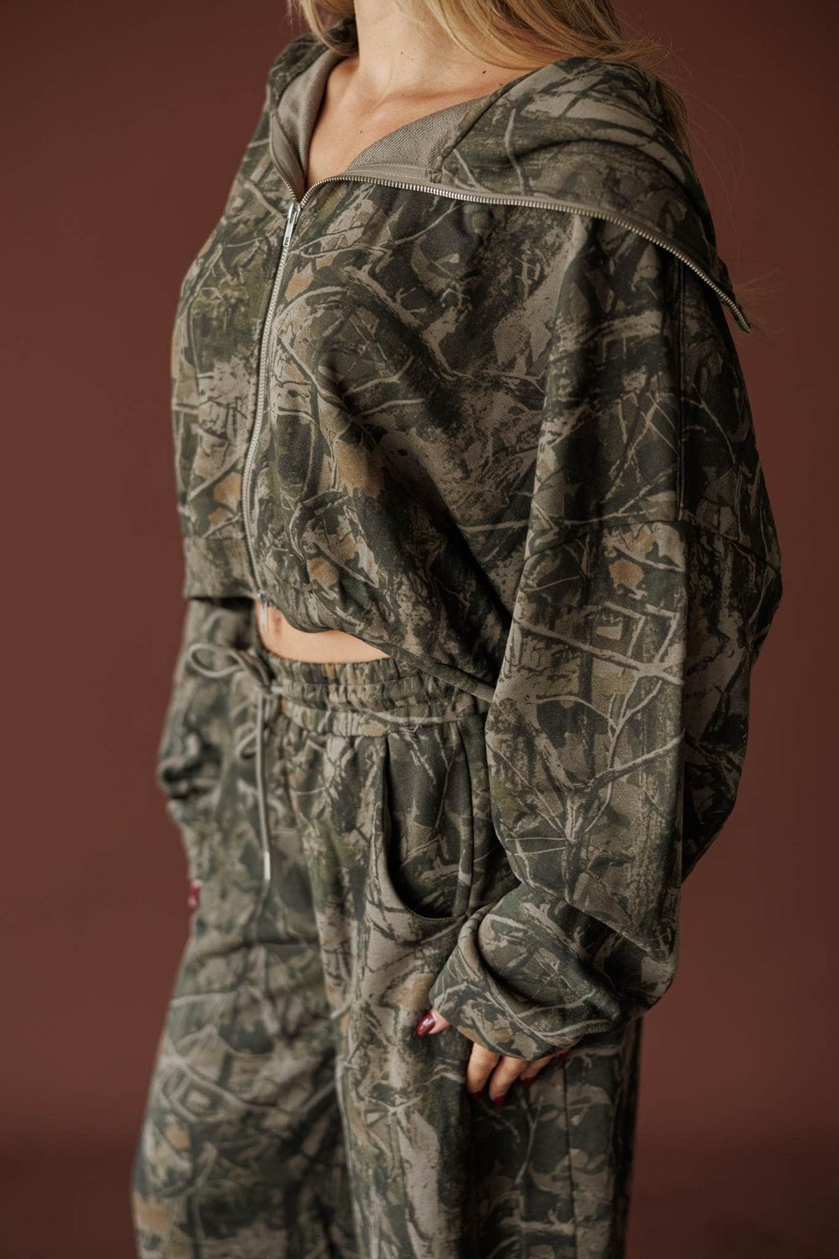 Olive camo cropped zip up jacket