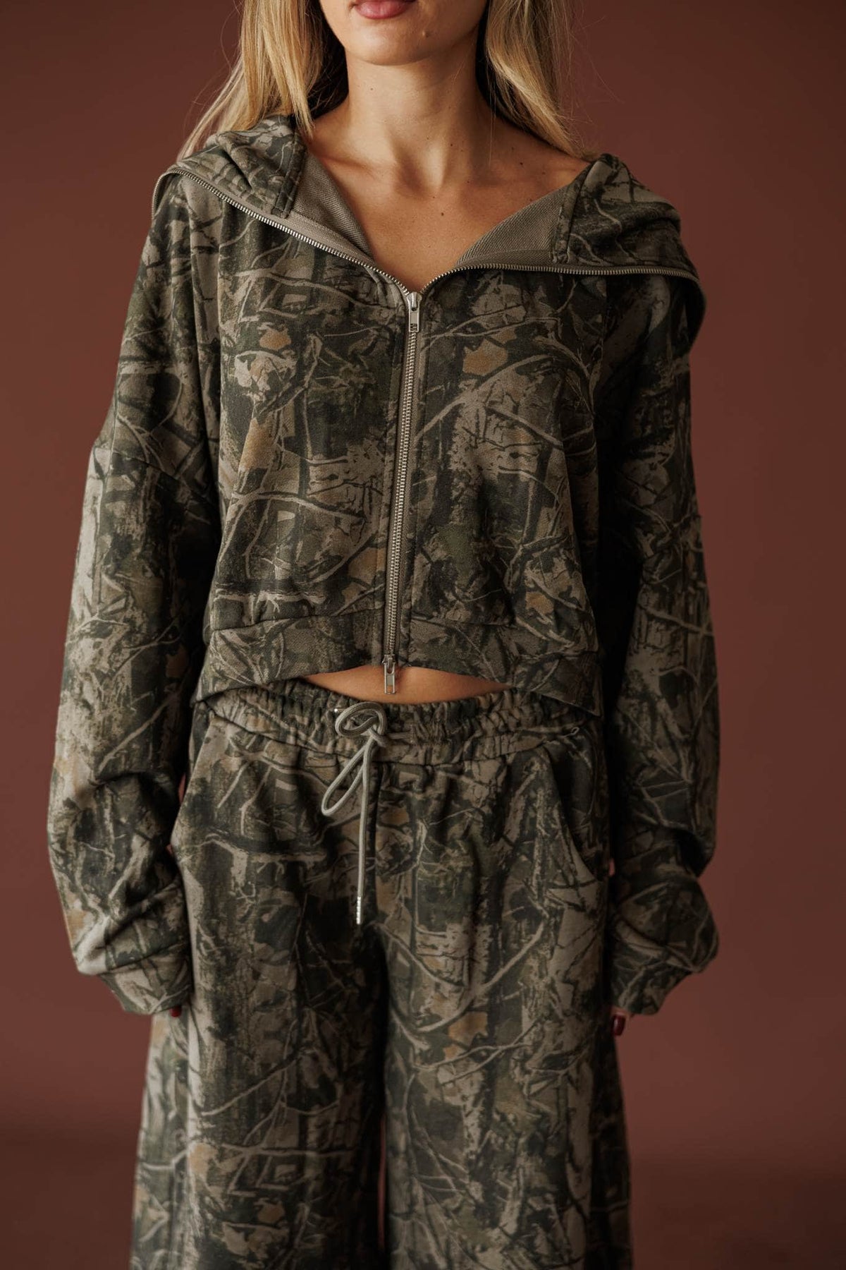 Olive camo cropped zip up jacket